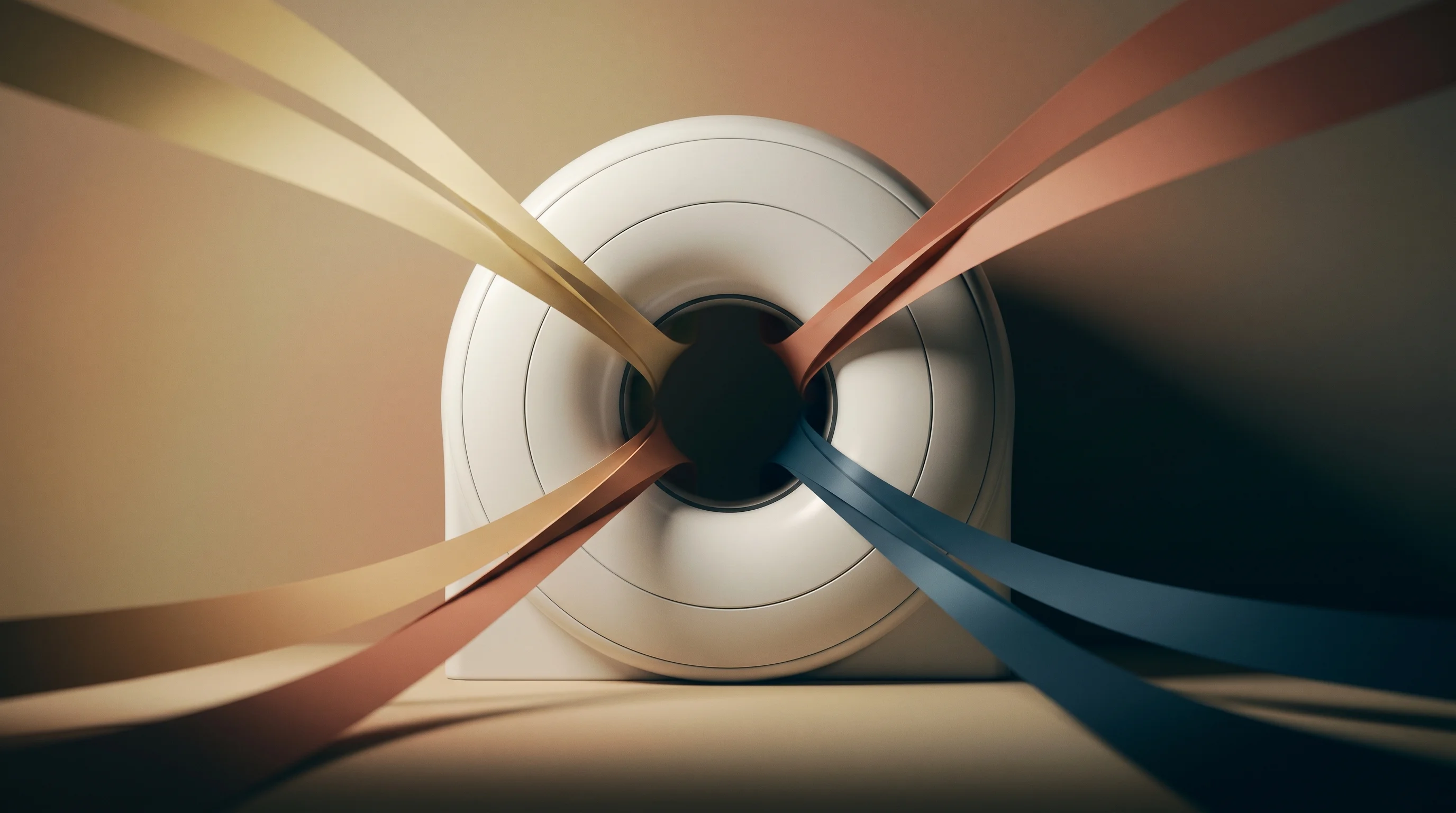 Digital illustration for article section "The Disruptors" in "The Race to Reinvent MRI: How Affordable Scanning Could Save Lives" - A clean, minimalist conceptual representation of a sleek, modern MRI scanner's circular magnetic bor...