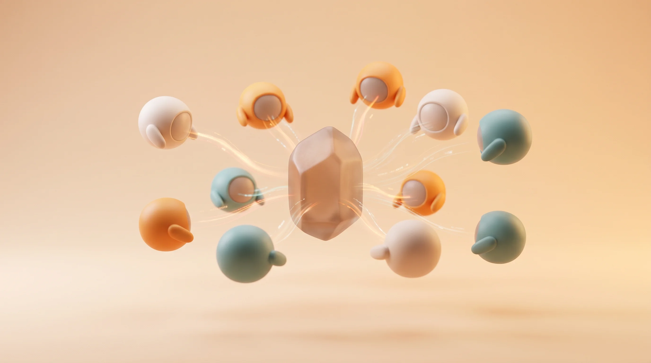 Digital illustration for article section "How Matforge Works (Allegedly)" in "AI Slashes Semiconductor Materials Discovery from Decades to Months" - A clean, minimalist 3D composition featuring a small, synchronized swarm of sleek, softly rounded fl...