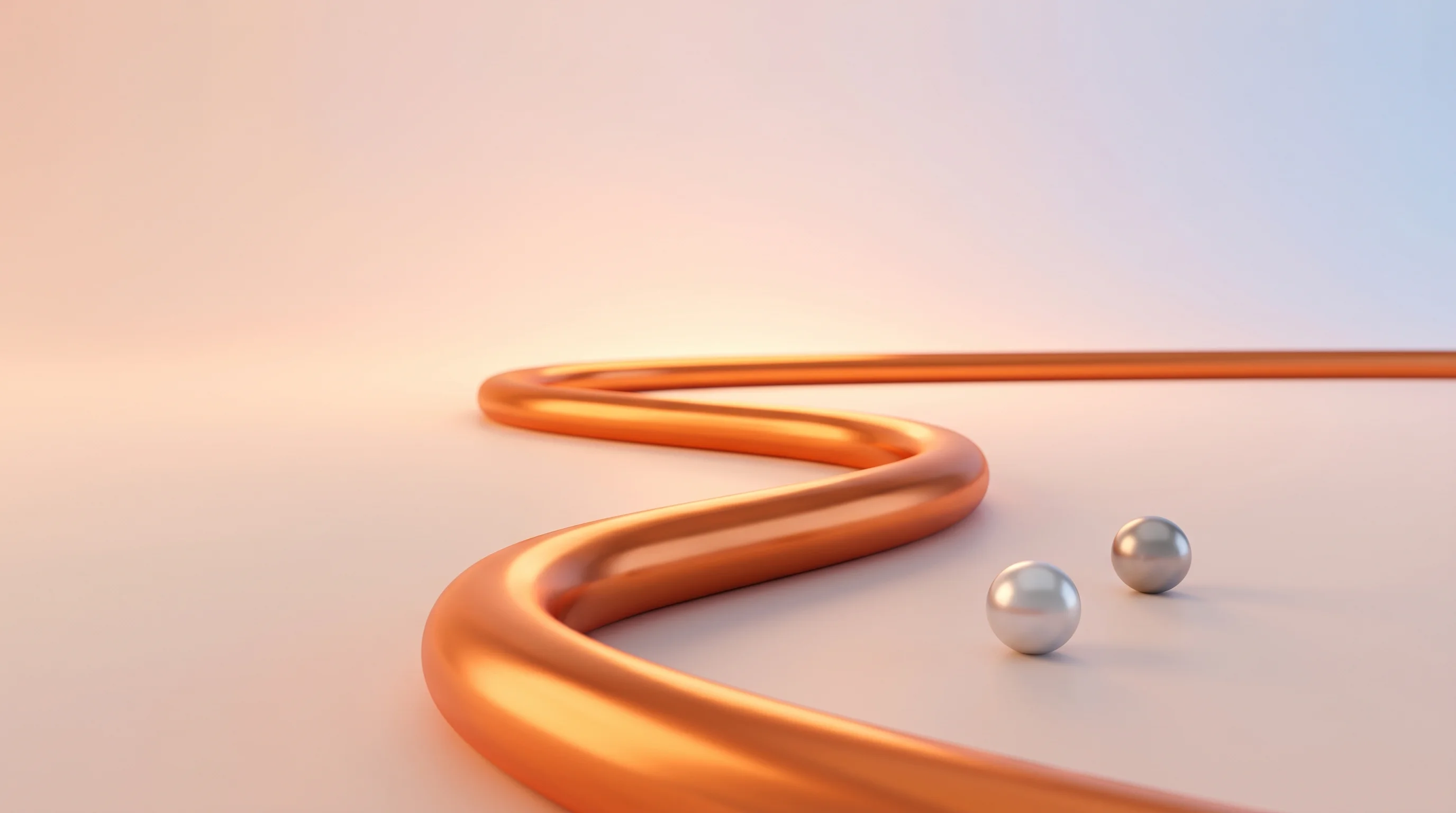 Digital illustration for article section "The Next Decade" in "AI Slashes Semiconductor Materials Discovery from Decades to Months" - A clean, minimalist 3D conceptual illustration of a single, thick, highly polished copper wire curvi...