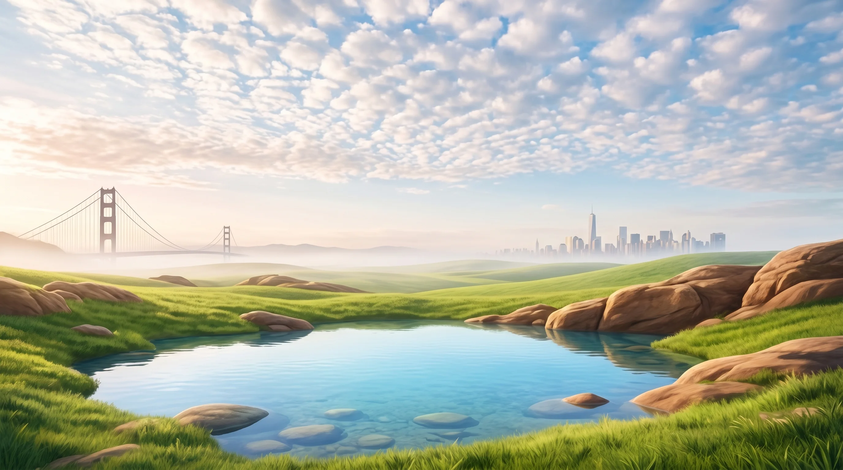 Digital illustration for article section "Going West" in "Dex's Multimodal AI Recruiter Talks to Engineers by Voice or Text" - A serene, conceptual landscape representing a westward expansion and a deep pool of talent, featurin...