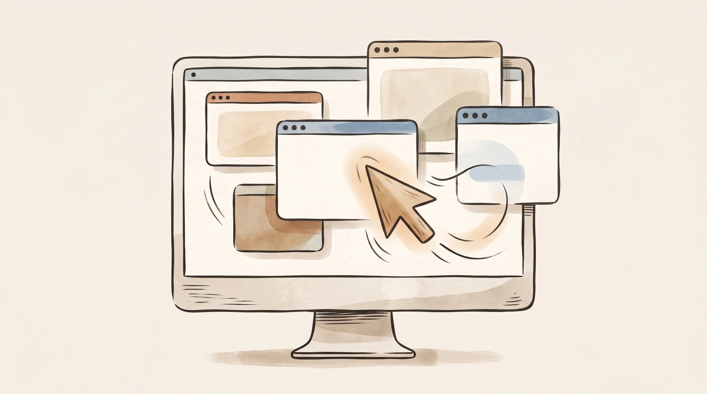 Digital illustration for article section "Beyond Documents" in "YC-Backed Interfaze Merges CNNs with LLMs for Deterministic AI Tasks" - A minimalist, hand-drawn illustration of a simplified computer screen displaying abstract, floating ...