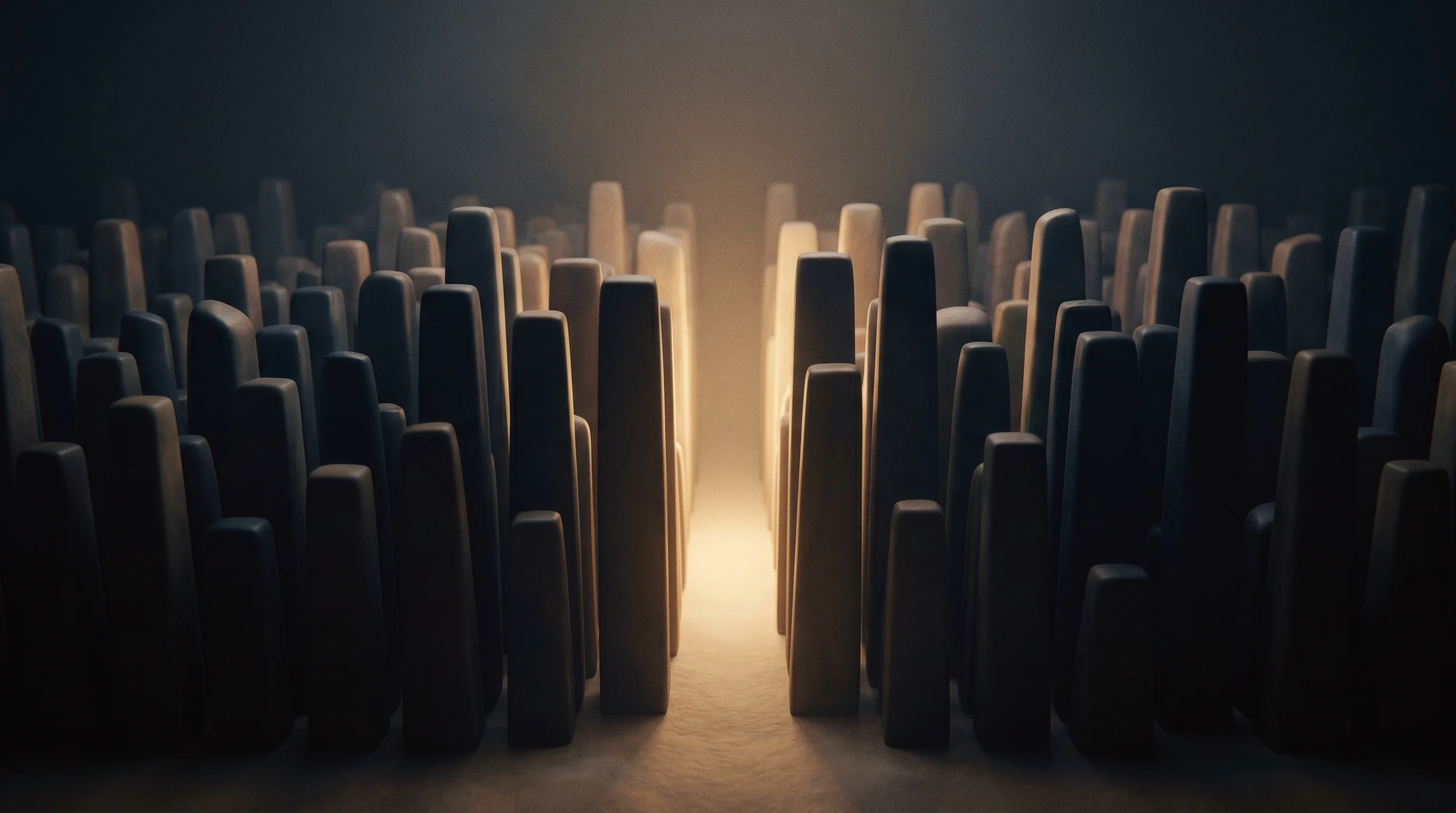 Digital illustration for article section "A Crowded Space, or a Gap?" in "IronSource Founders' AI Startup ZyG Hits $500M Valuation in Series A" - A minimalist, surreal conceptual representation of a crowded marketplace parting to reveal a hidden ...