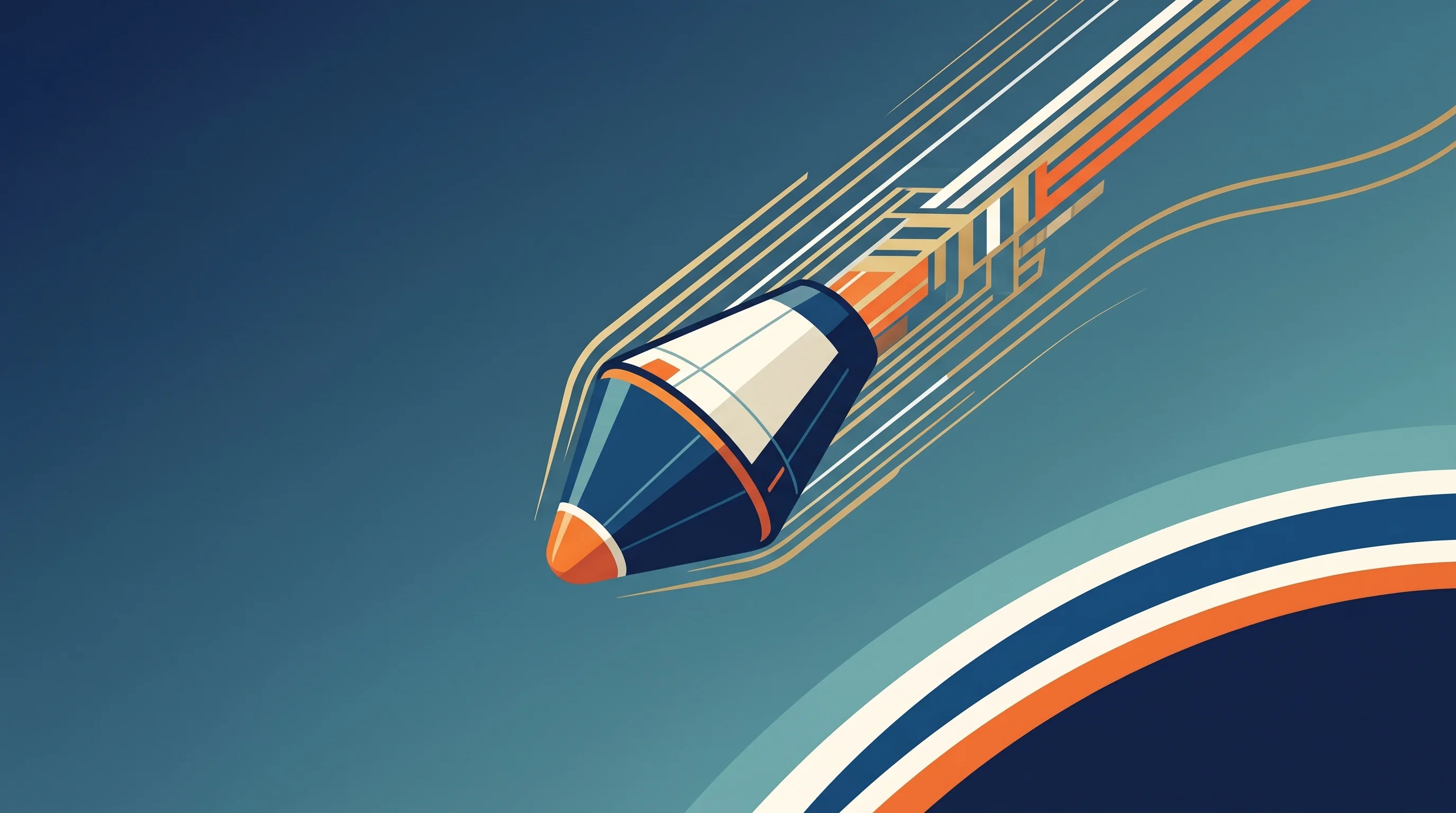 Digital illustration for article section "What Works, What Doesn't, What Might" in "The Race to Build Factories in Space for Pharma and Semiconductors" - A minimalist and conceptual illustration of a sleek space reentry capsule smoothly descending toward...