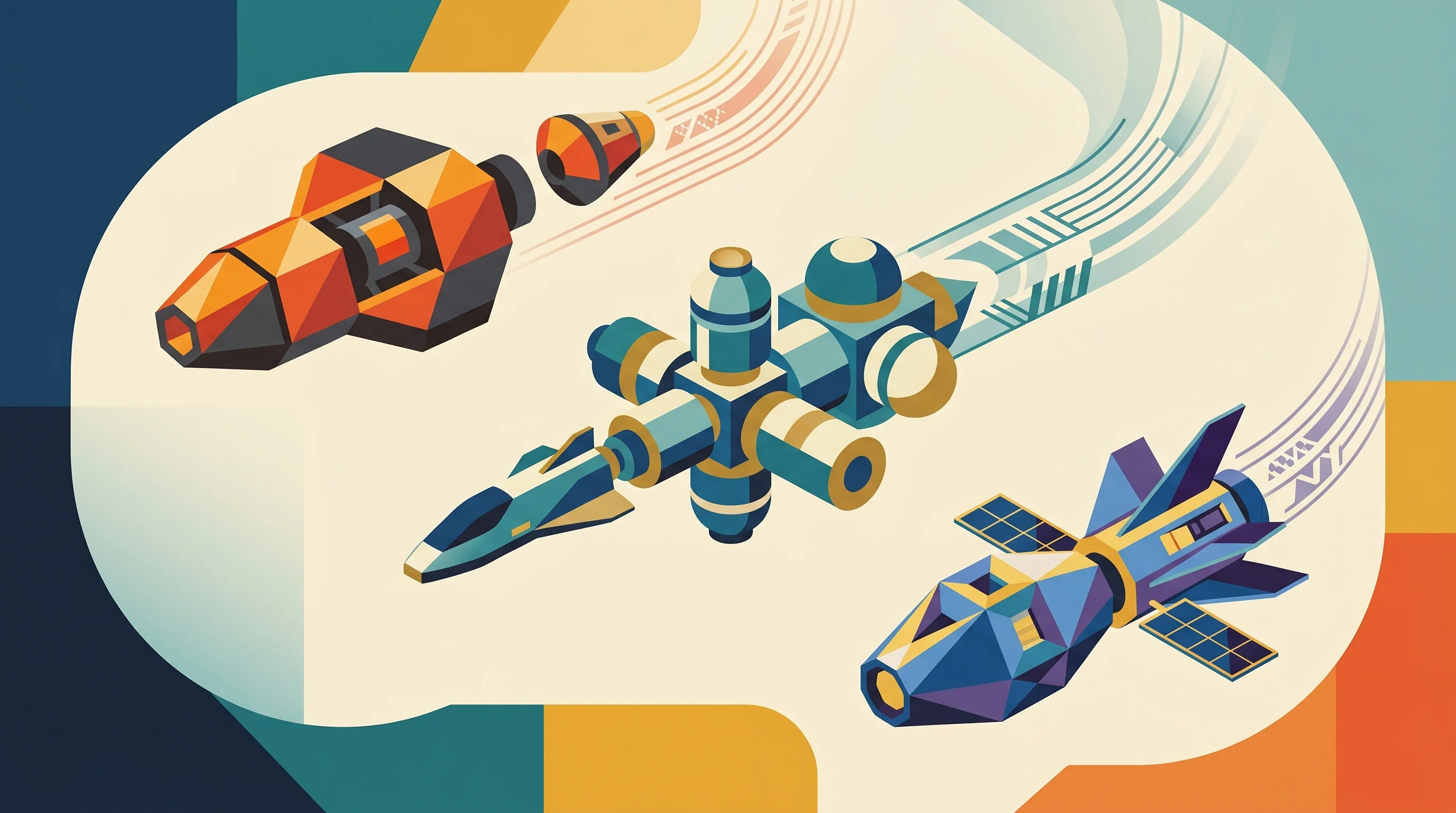 Digital illustration for article section "What Happens Next" in "The Race to Build Factories in Space for Pharma and Semiconductors" - A conceptual, minimalist illustration of three distinct orbital manufacturing modules floating in an...