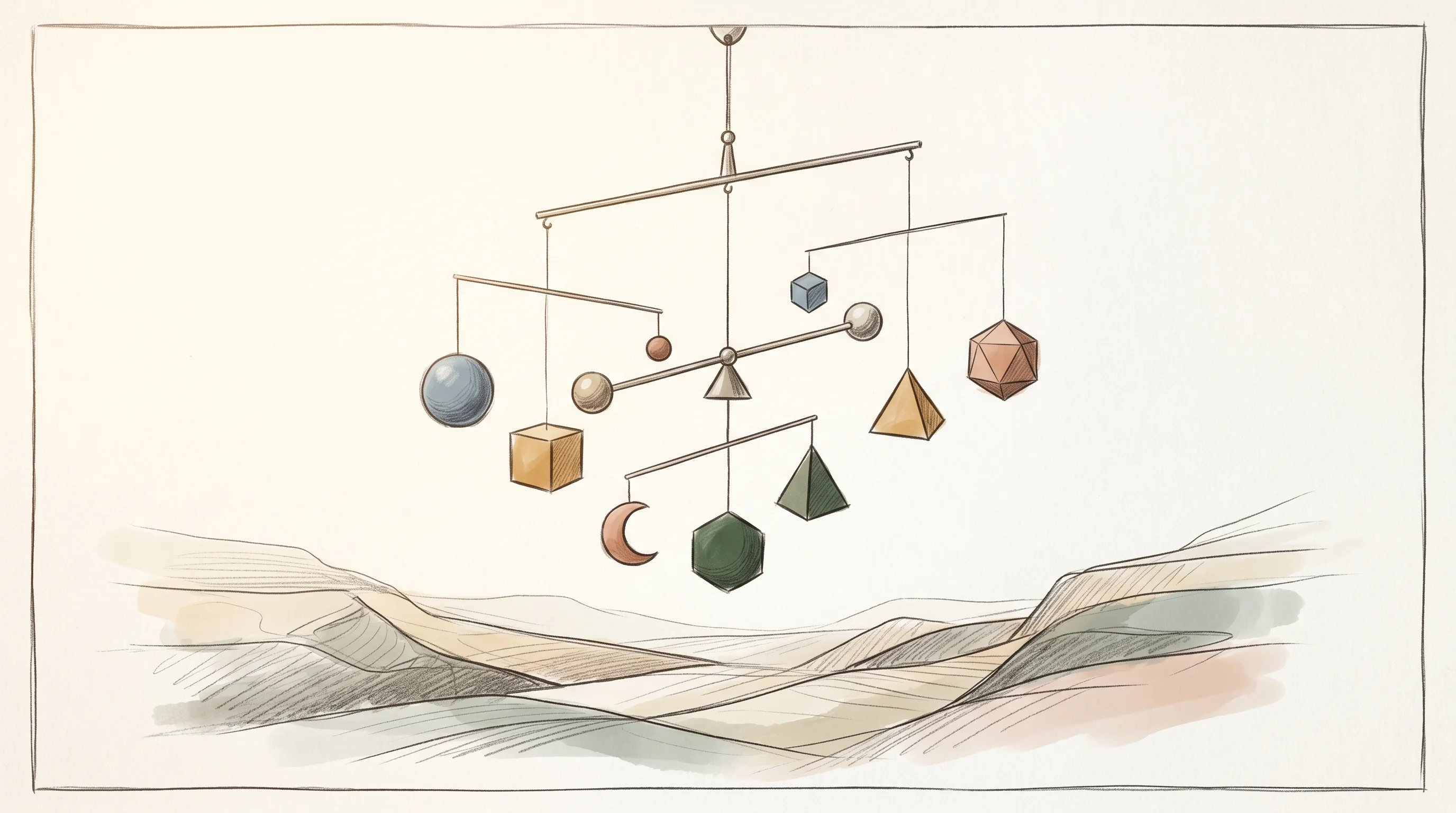 Digital illustration for article section "What Success Looks Like" in "AI Takes the Wheel: Inside the First Fully Autonomous Hedge Funds" - A minimalist, modern kinetic balancing mobile suspended in perfect equilibrium, holding various clea...