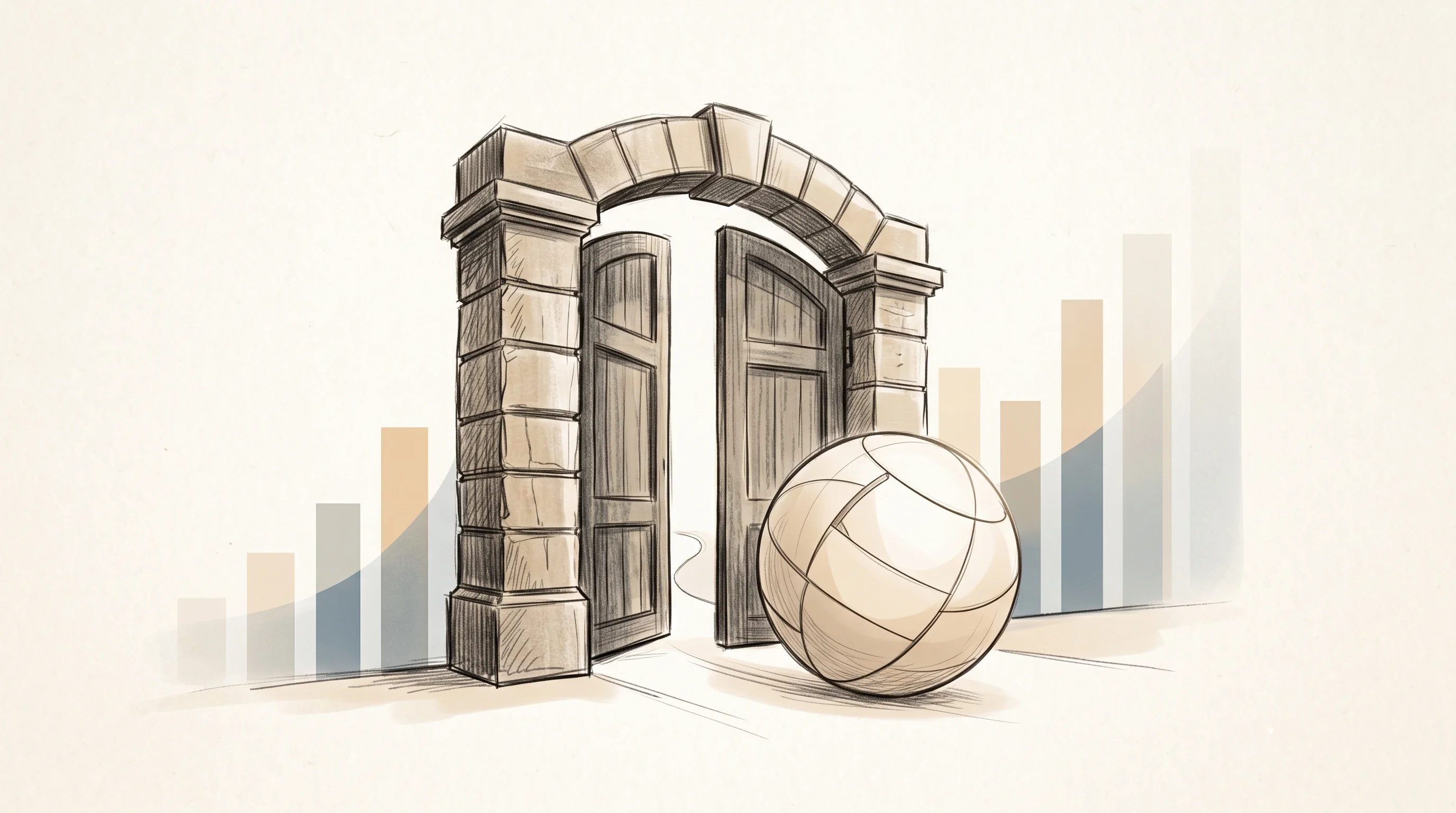 Digital illustration for article section "Agents at the Gate" in "AI Takes the Wheel: Inside the First Fully Autonomous Hedge Funds" - A minimalist, conceptual illustration of a large, imposing architectural gate standing slightly open...