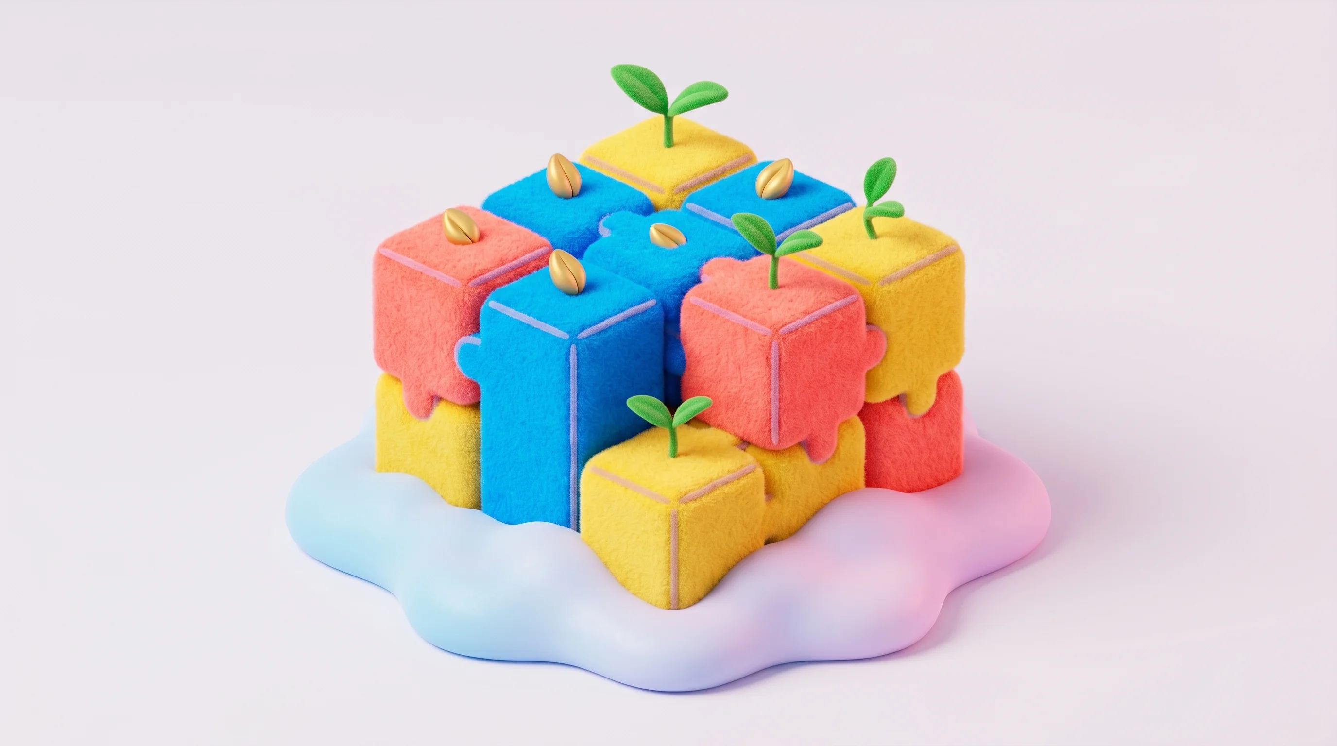 Digital illustration for article section "Angel Money and Ecosystem Bets" in "Sazabi's AI Observability Bet: Why Logs Beat Metrics and Traces" - A conceptual 3D illustration representing an interconnected ecosystem of early-stage angel investmen...