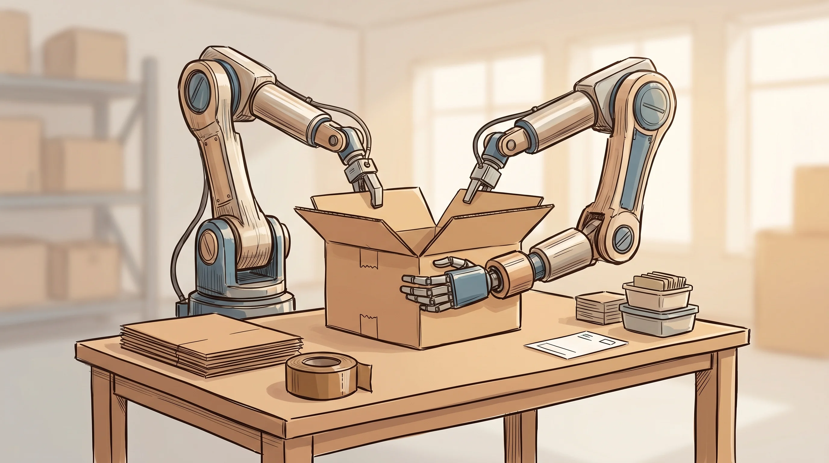 Digital illustration for article section "What the Robot Actually Does" in "YC-Backed InLoop Launches Robots That Know When to Ask for Help" - A clean, minimalist illustration of a modern bimanual robotic workcell with two mechanical arms gent...