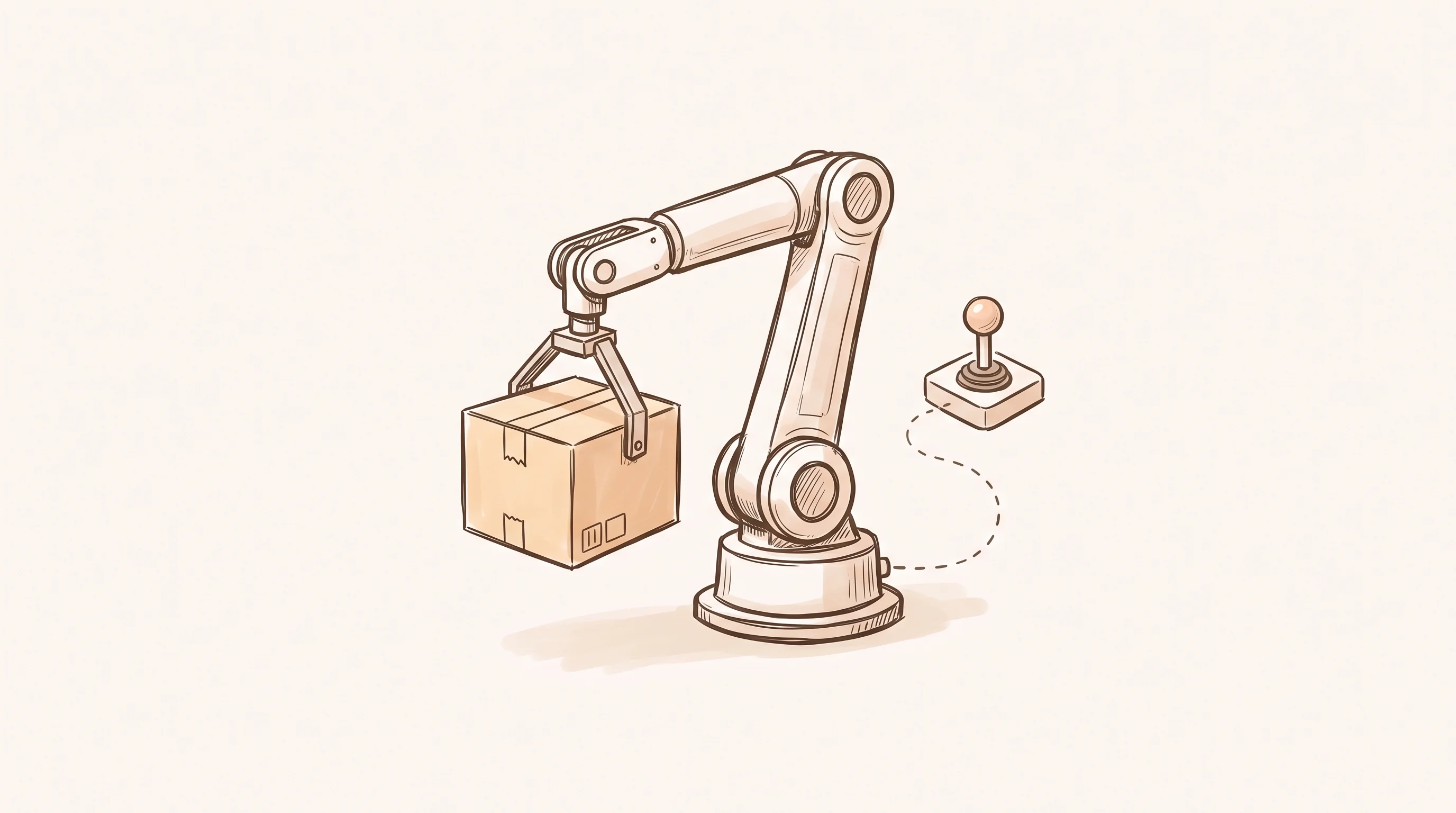 Digital illustration for article section "Not Exactly Alone" in "YC-Backed InLoop Launches Robots That Know When to Ask for Help" - A minimalist, conceptual illustration of a sleek robotic arm carefully lifting a standard shipping b...