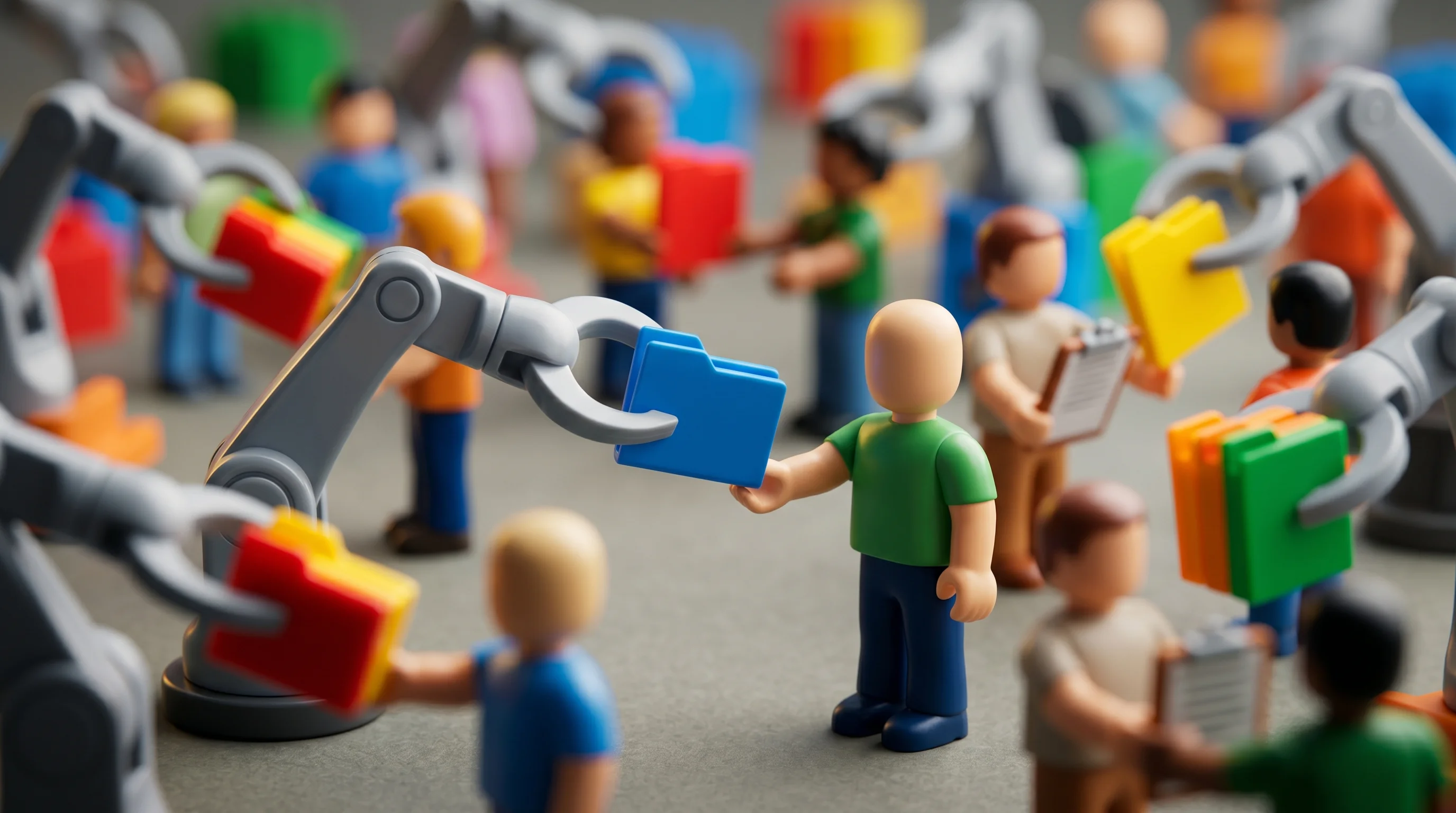 Digital illustration for article section "A Crowded Field, Suddenly" in "YC's Humwork Lets AI Agents Hire Human Experts in 30 Seconds" - A macro photography shot capturing a conceptual miniature scene of an increasingly crowded marketpla...