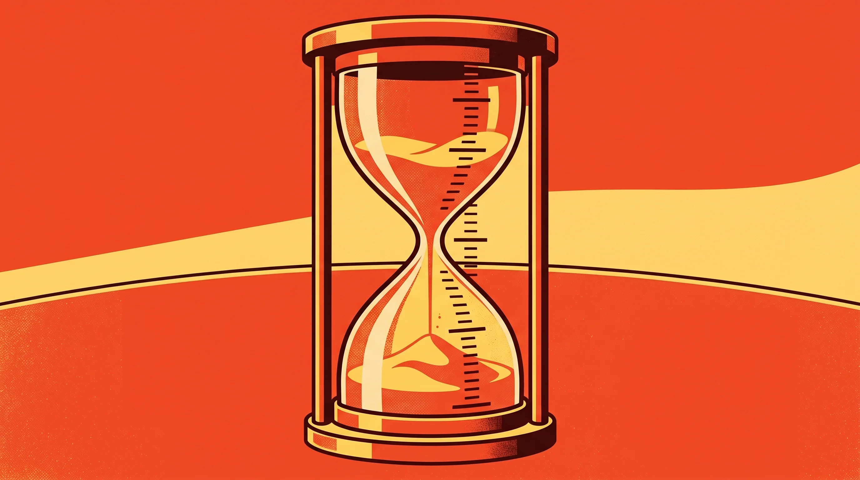 Digital illustration for article section "What Comes Next" in "AI Research Goes Meta: How Labs Use Agents to Discover Better AI" - A monumental, minimalist hourglass standing dramatically against a clean, distant horizon line, symb...