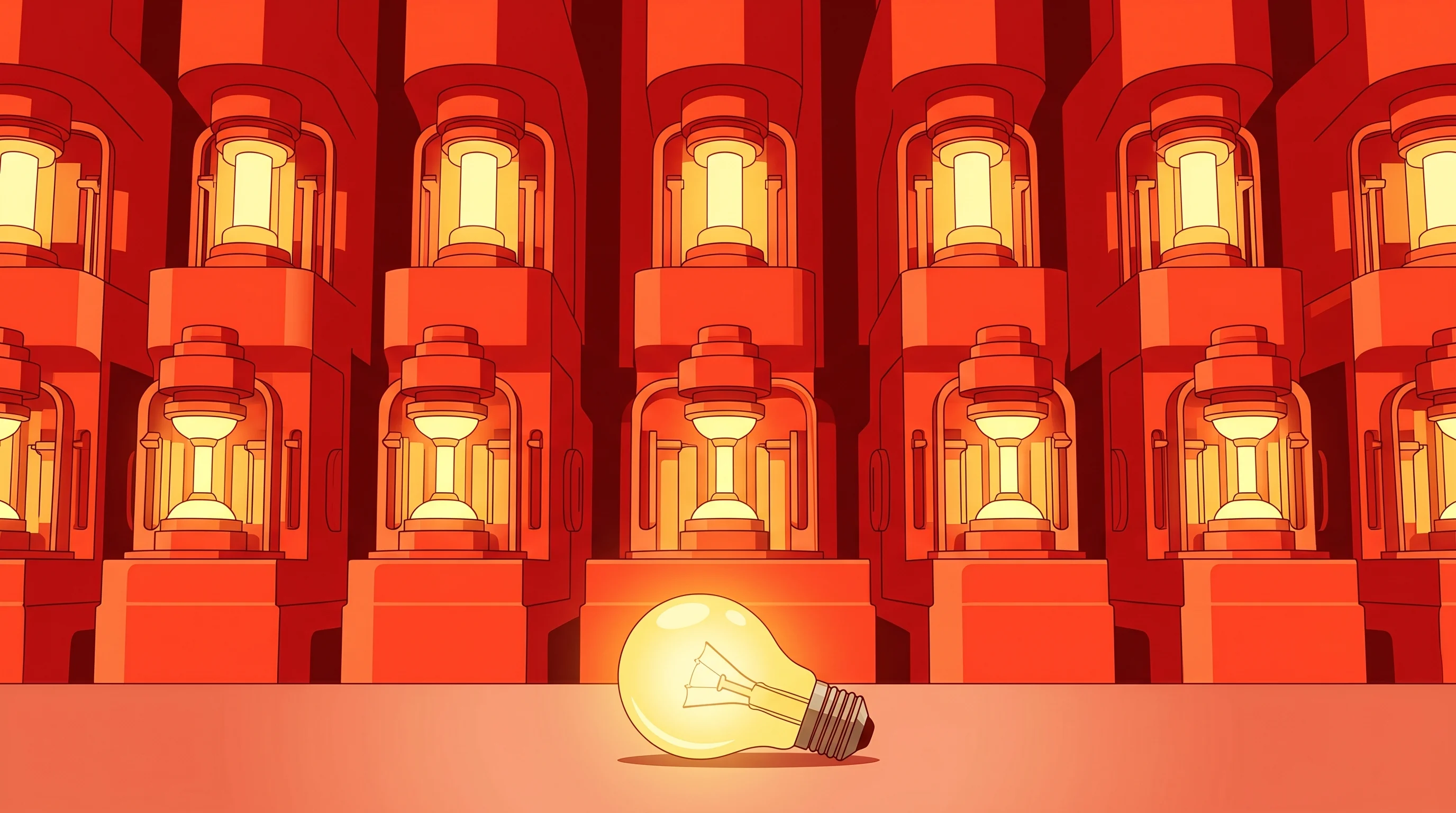 Digital illustration for article section "The Broader Pattern" in "AI Research Goes Meta: How Labs Use Agents to Discover Better AI" - A striking, minimalist conceptual illustration depicting the industrialization of research, featurin...