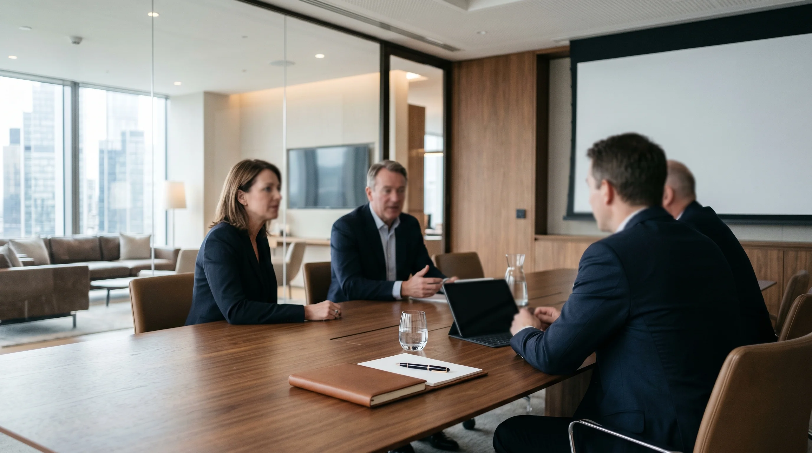 Digital illustration for article section "Who's Building It" in "CredibleX Raises $15M Series A to Scale Embedded SME Finance in MENA" - Create a realistic image of a professional setting, possibly a modern office or a boardroom table, h...