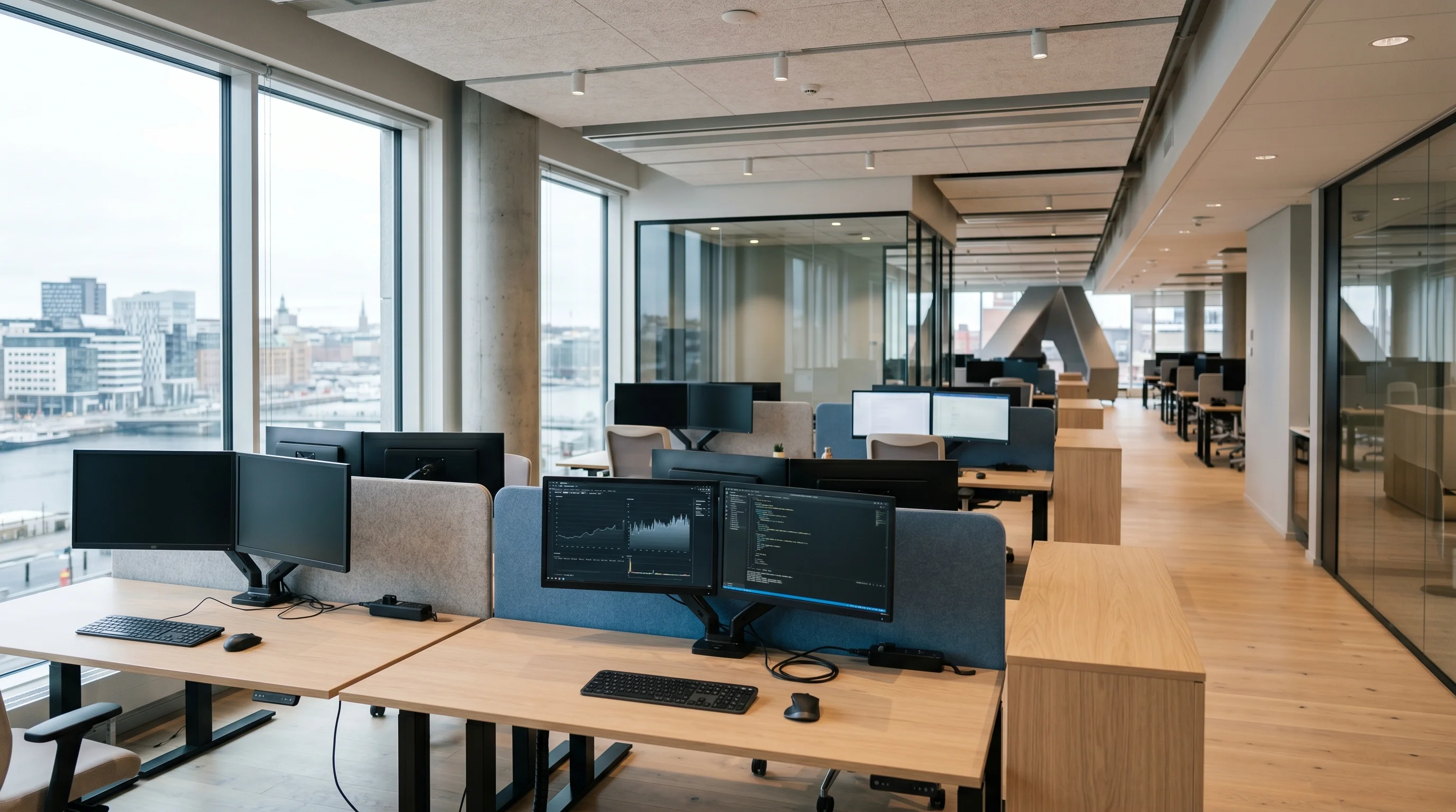 Digital illustration for article section "A Team Pulled From Swedish Tech" in "Pit.com Raises $16M from a16z to Replace Enterprise Spreadsheets" - Generate a realistic_image photography style image of a modern tech office in Sweden. It should be d...