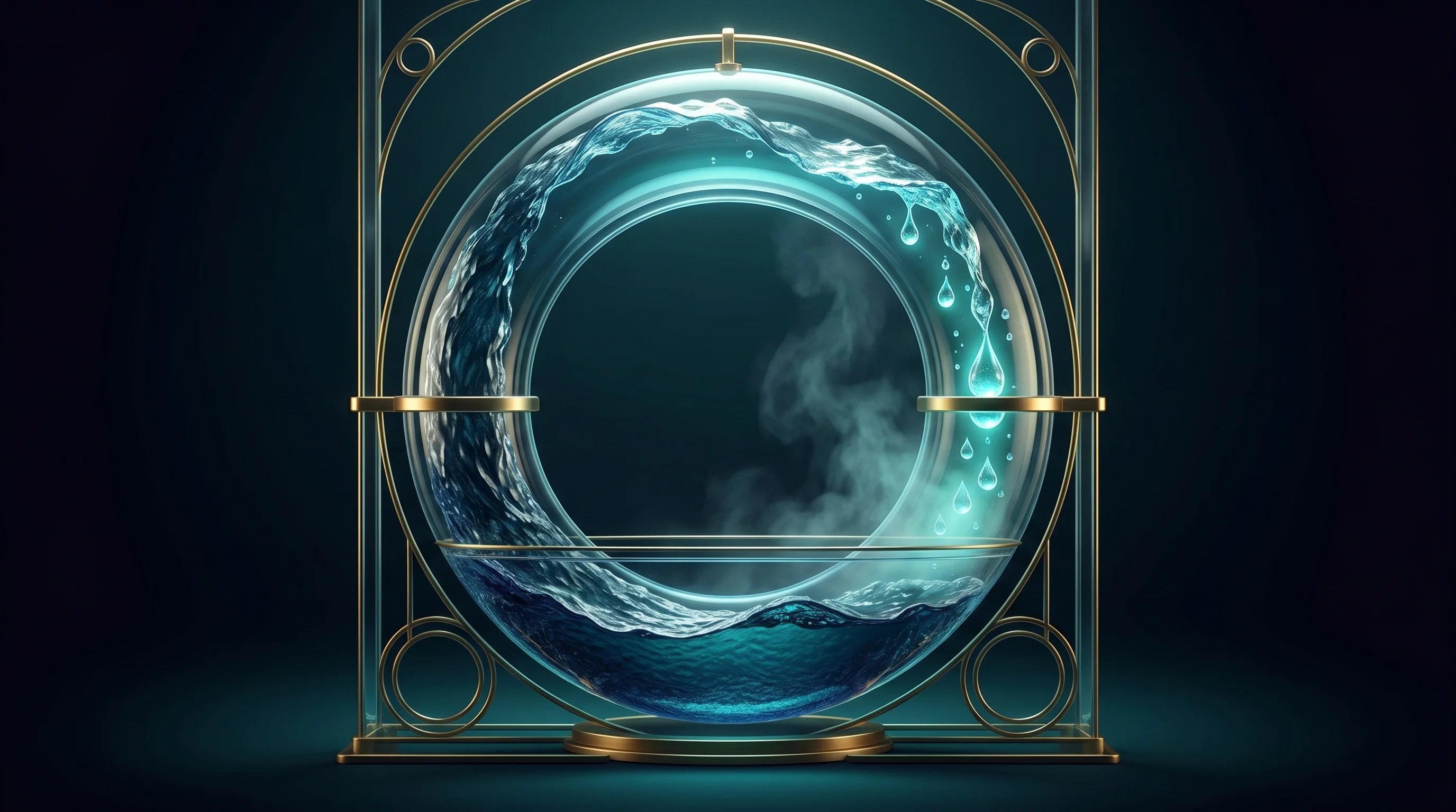 Digital illustration for article section "The Technology Behind the Promise" in "Enaxiom Raises $1.8M to Slash AI Data Center Water & Energy Use" - A conceptual and elegant visualization of a closed-loop water recycling system, featuring a continuo...
