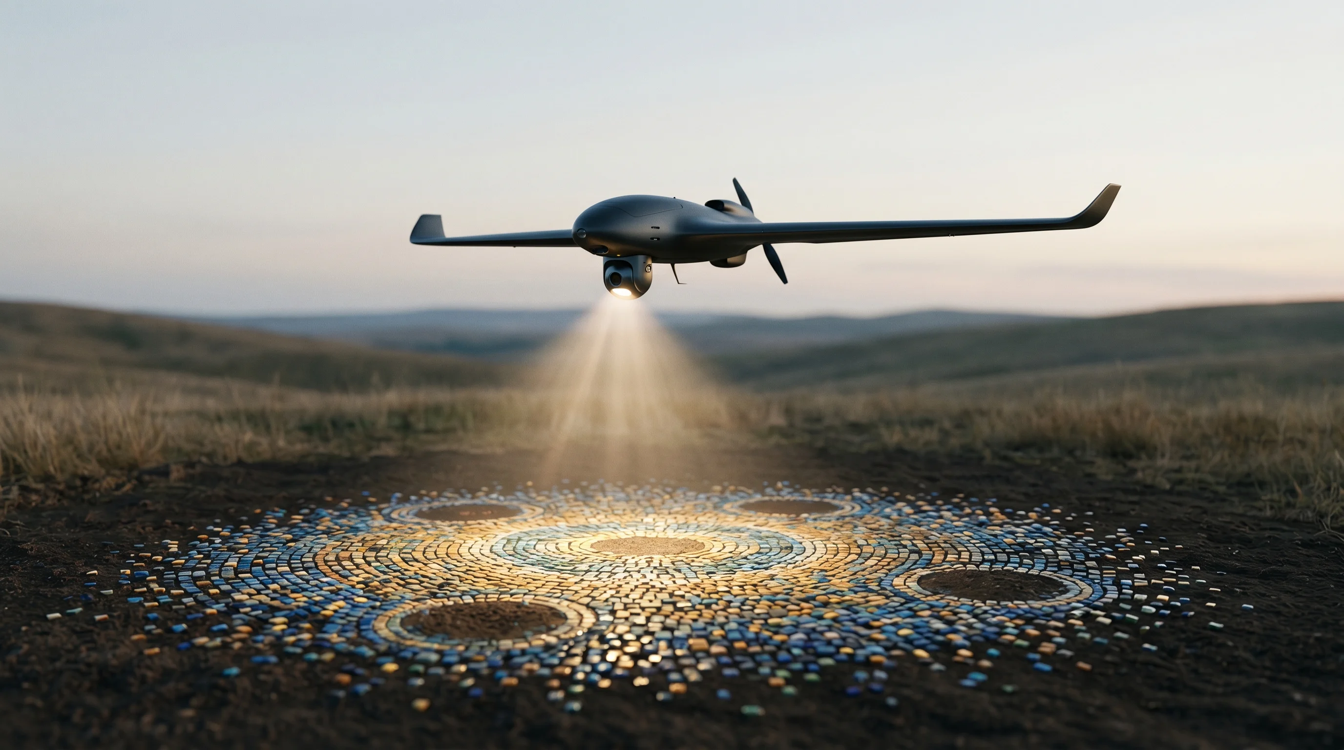 Digital illustration for article section "Ukraine as Proving Ground" in "Danish Startup's 10K AI Sensor Targets Rescue & Defense Missions" - A sleek, modern reconnaissance drone hovering above a minimalist, softly rolling landscape, acting a...
