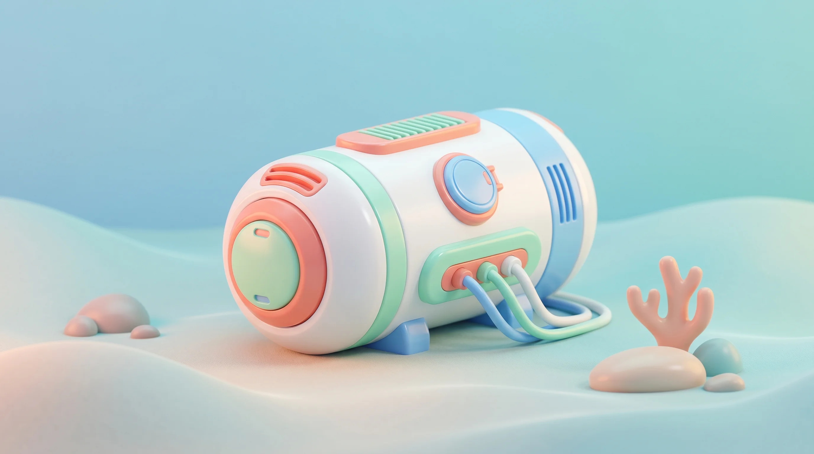 Digital illustration for article section "What Gets Deployed in 2026" in "Thiel Leads $140M Round for Wave-Powered Ocean AI Data Centers" - A clean, minimalist 3D cartoon miniature model of a modern underwater data center prototype node res...