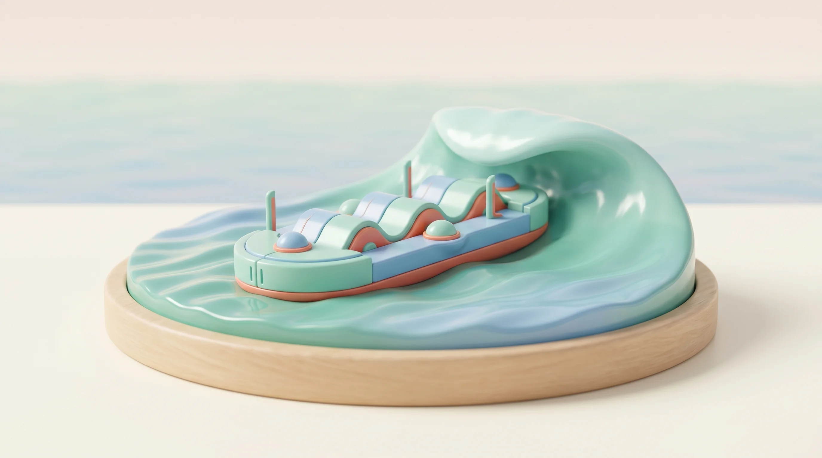 Digital illustration for article section "The Frontier Logic" in "Thiel Leads $140M Round for Wave-Powered Ocean AI Data Centers" - A clean and minimal conceptual miniature model of a futuristic wave-power generation platform floati...