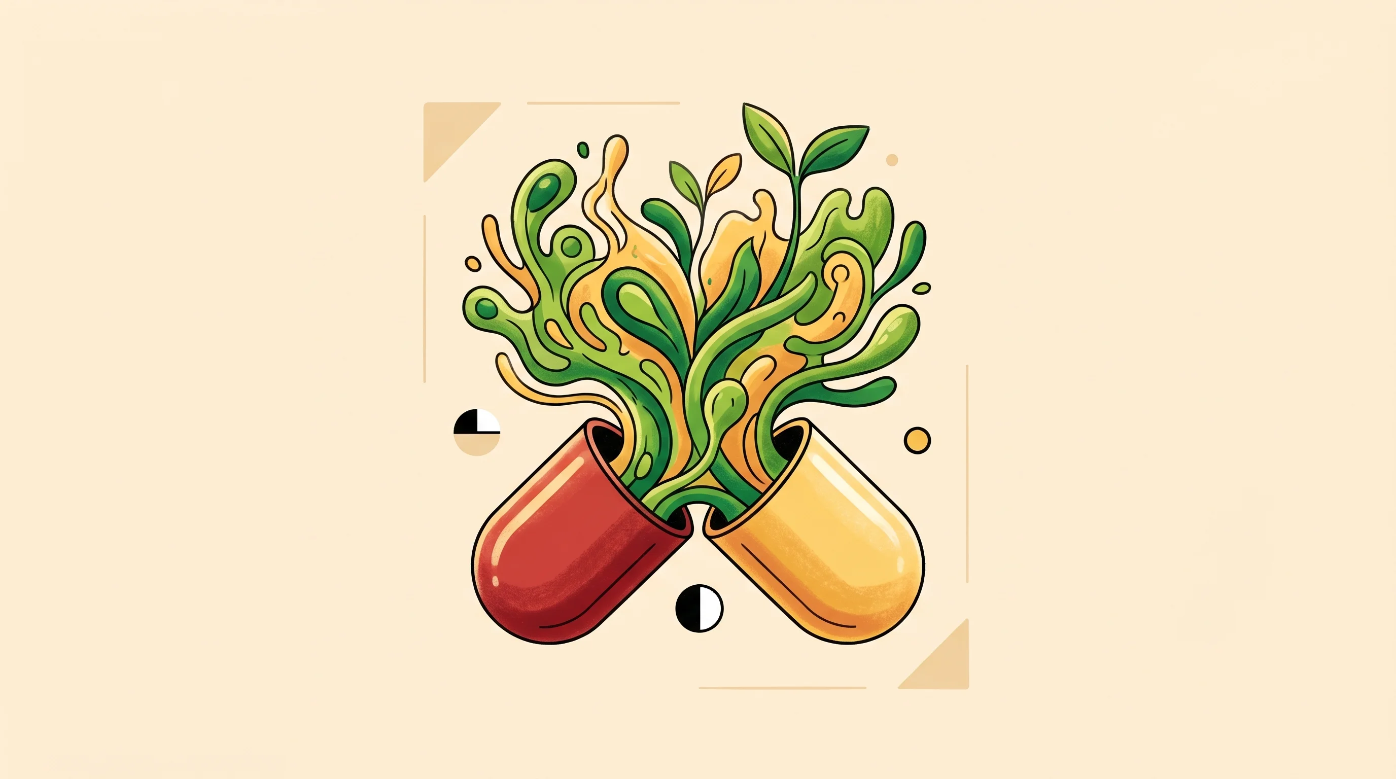 Digital illustration for article section "The Gates Foundation's Other Bet" in "Kanvas Biosciences Raises $48M to Map Microbiome for Cancer Therapy" - A warm minimalist illustration of a single, elegant scientific capsule gently opening to reveal flou...