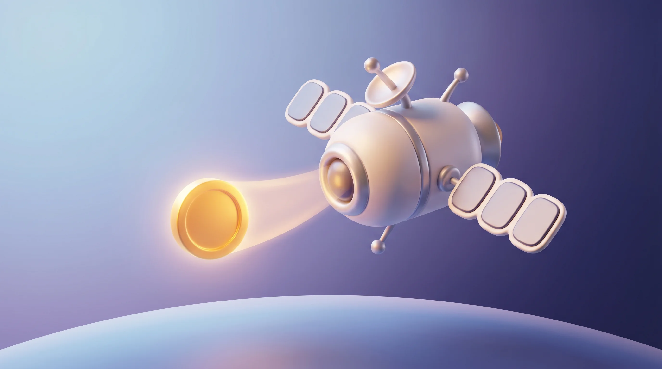 Digital illustration for article section "Defense Tech Money Flows In" in "Scout Space Lands $18M Series A for Autonomous Space Sensors" - A clean, minimal, and modern 3D illustration of a stylized, rounded satellite gently pulling in a gl...