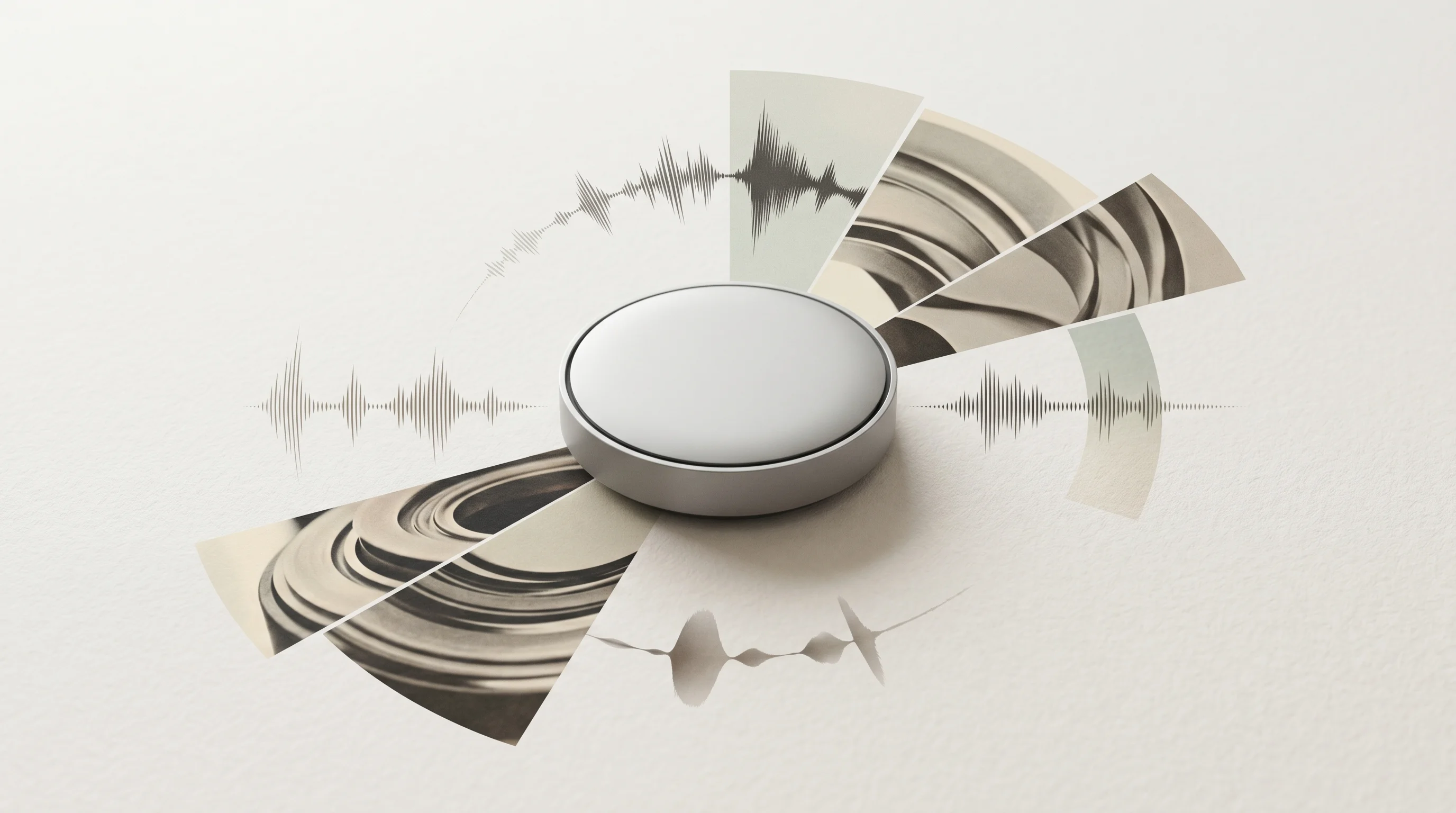 Digital illustration for article section "Content Section 3" in "SageOx Raises $15M Seed for AI Coding Agent Collaboration Tools" - A clean, minimalist surreal digital collage centered on a sleek, modern circular hardware device des...