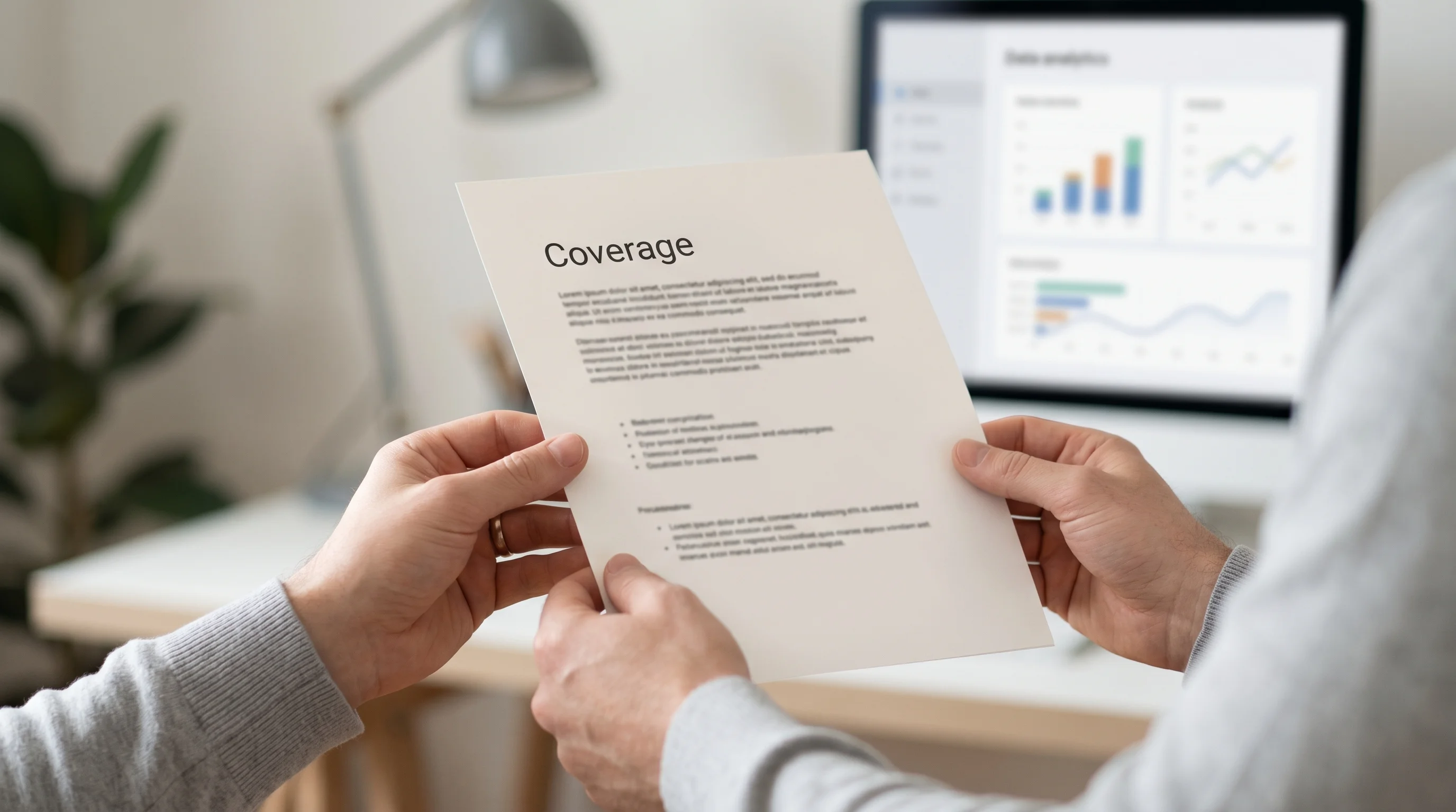 Digital illustration for article section "What Actually Gets Covered (and What Doesn't)" in "AI Liability Insurance Market Explodes as Carriers Rush to Fill Gap" - Depict a pair of hands holding a document titled 'Coverage'. In the background, blurred, show a comp...