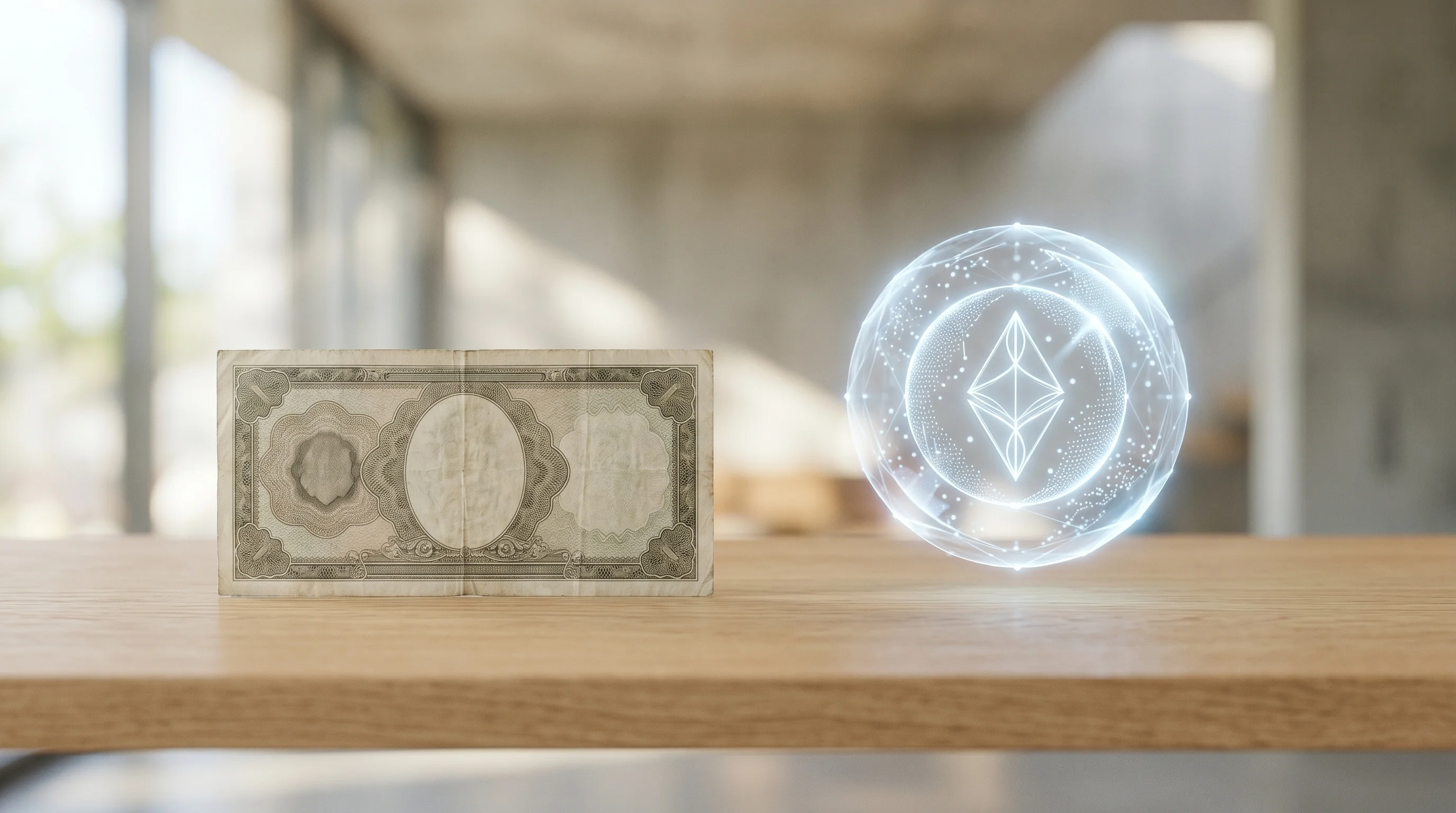 Digital illustration for article section "What It Means—and What It Doesn't" in "Y Combinator's First All-Crypto Investment: $500K in USDC on Solana" - Generate a conceptual image of a traditional paper currency note and a digital representation of a c...