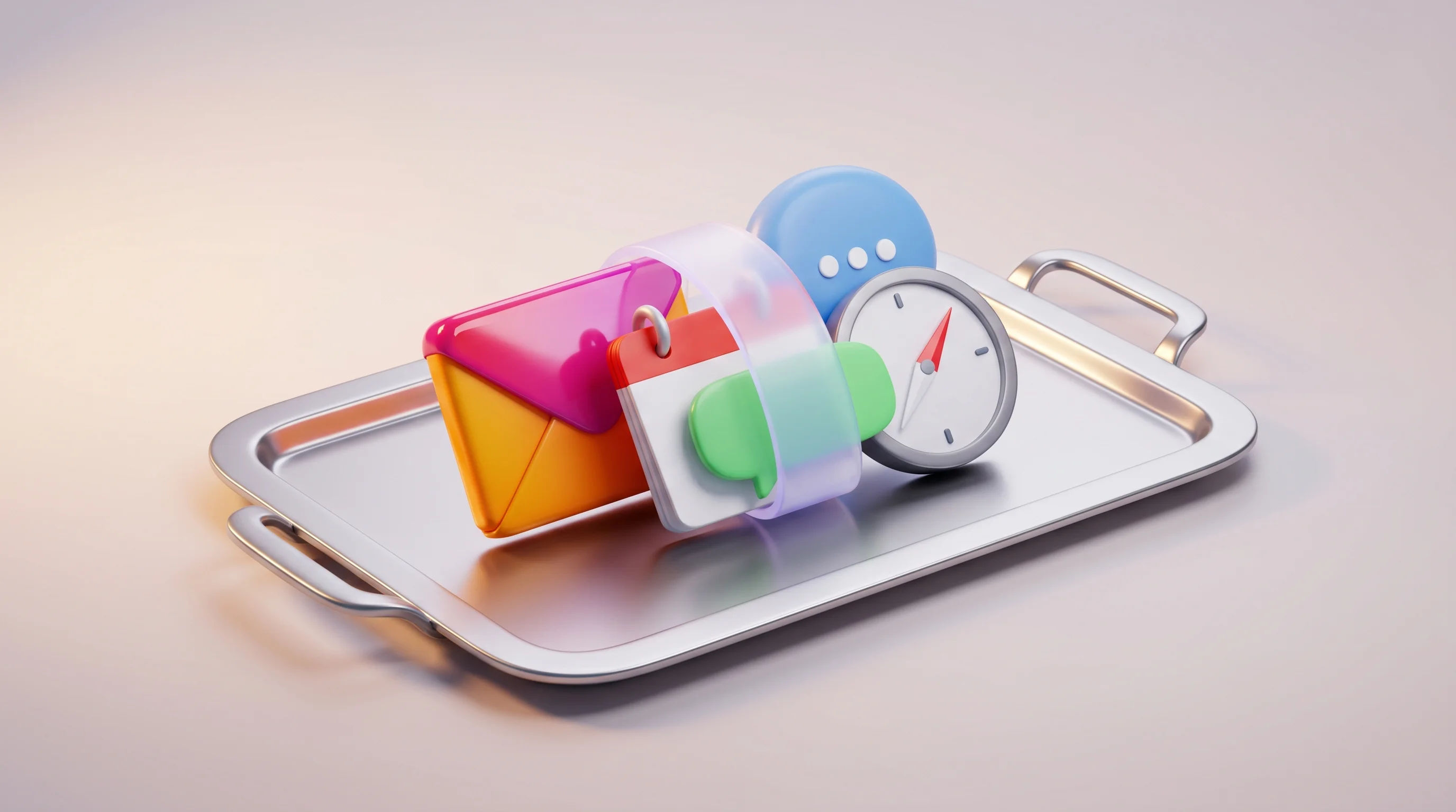 Digital illustration for article section "Less Chatbot, More Butler" in "YC-Backed jo Launches Privacy-First AI That Runs Locally on Your Mac" - A minimalist, hyperreal 3D rendered composition featuring a sleek, modern silver butler's serving tr...