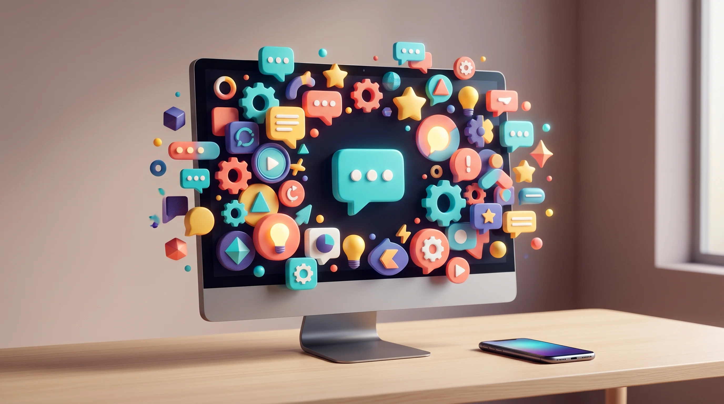 Digital illustration for article section "A Very Crowded Room" in "YC-Backed jo Launches Privacy-First AI That Runs Locally on Your Mac" - A sleek, modern computer monitor sits on a minimalist desk, serving as the central focal point, whil...