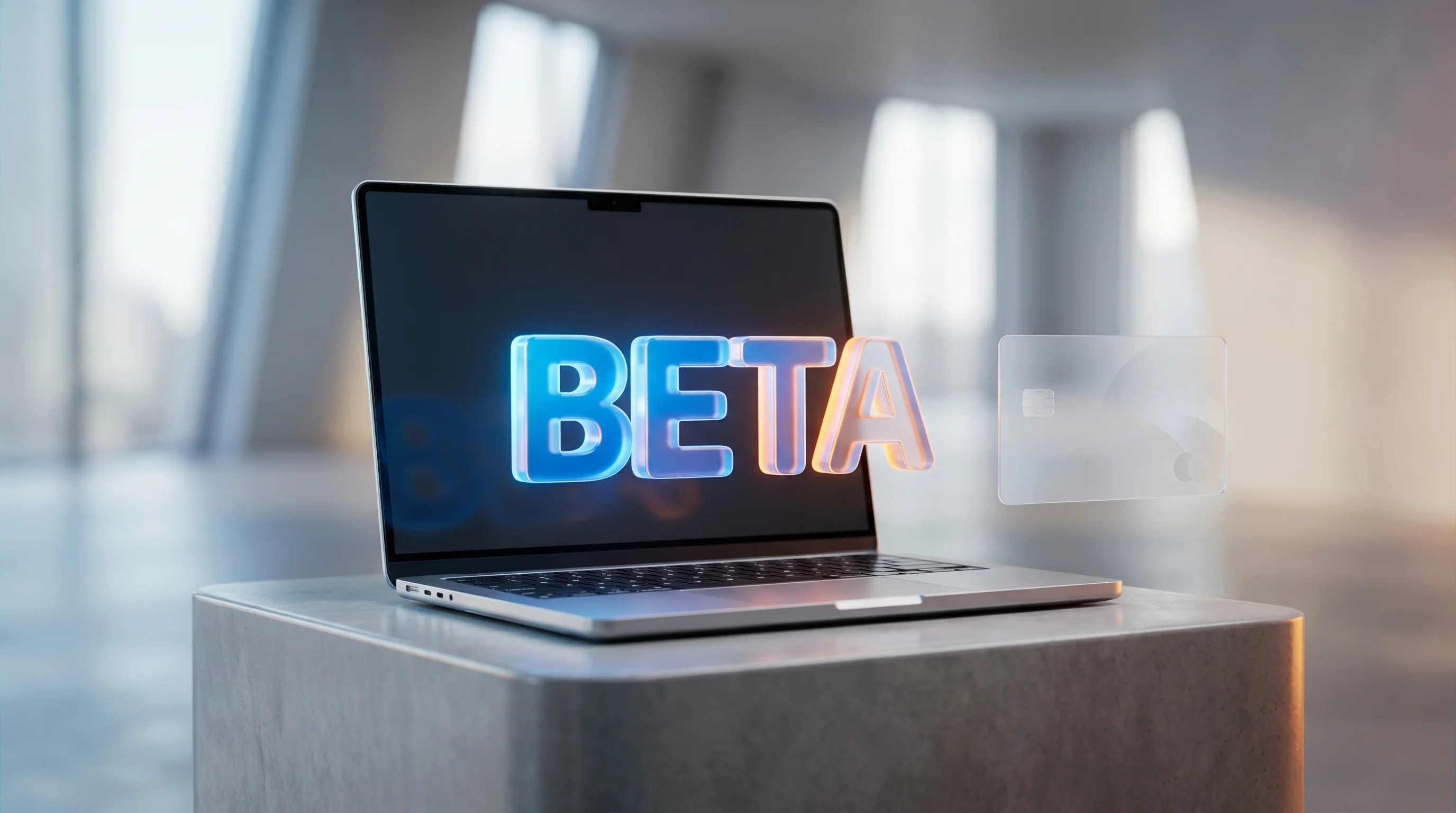 Digital illustration for article section "Beta, For Now" in "YC-Backed jo Launches Privacy-First AI That Runs Locally on Your Mac" - A sleek, modern silver laptop resting on a smooth, minimalist pedestal, representing the required M-...