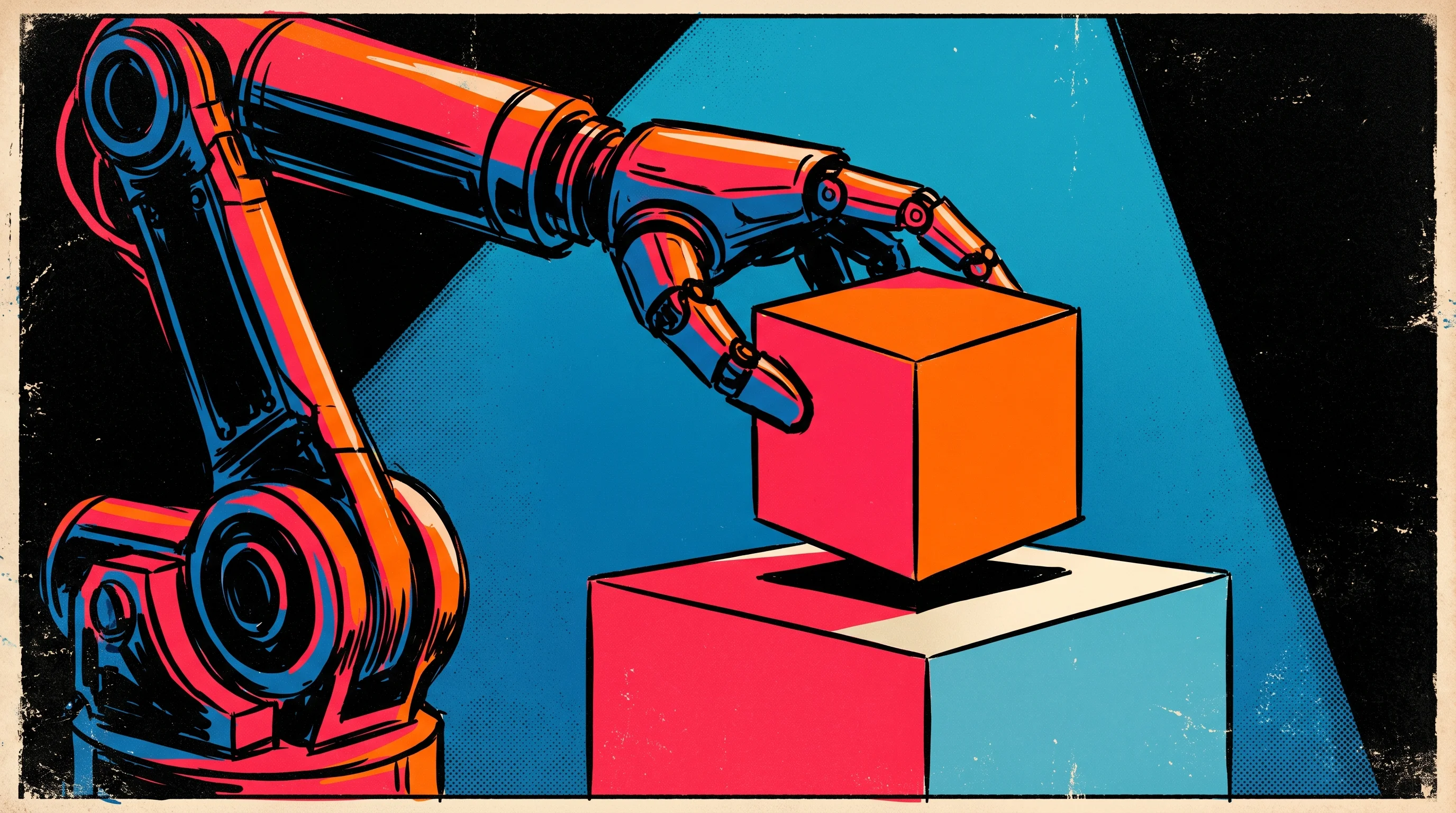 Digital illustration for article section "The Reality Check" in "Genesis AI Unveils Robot Hand That Can Crack Eggs, Play Piano" - A sleek, modern robotic arm delicately placing a perfectly geometric object onto a pristine, unclutt...