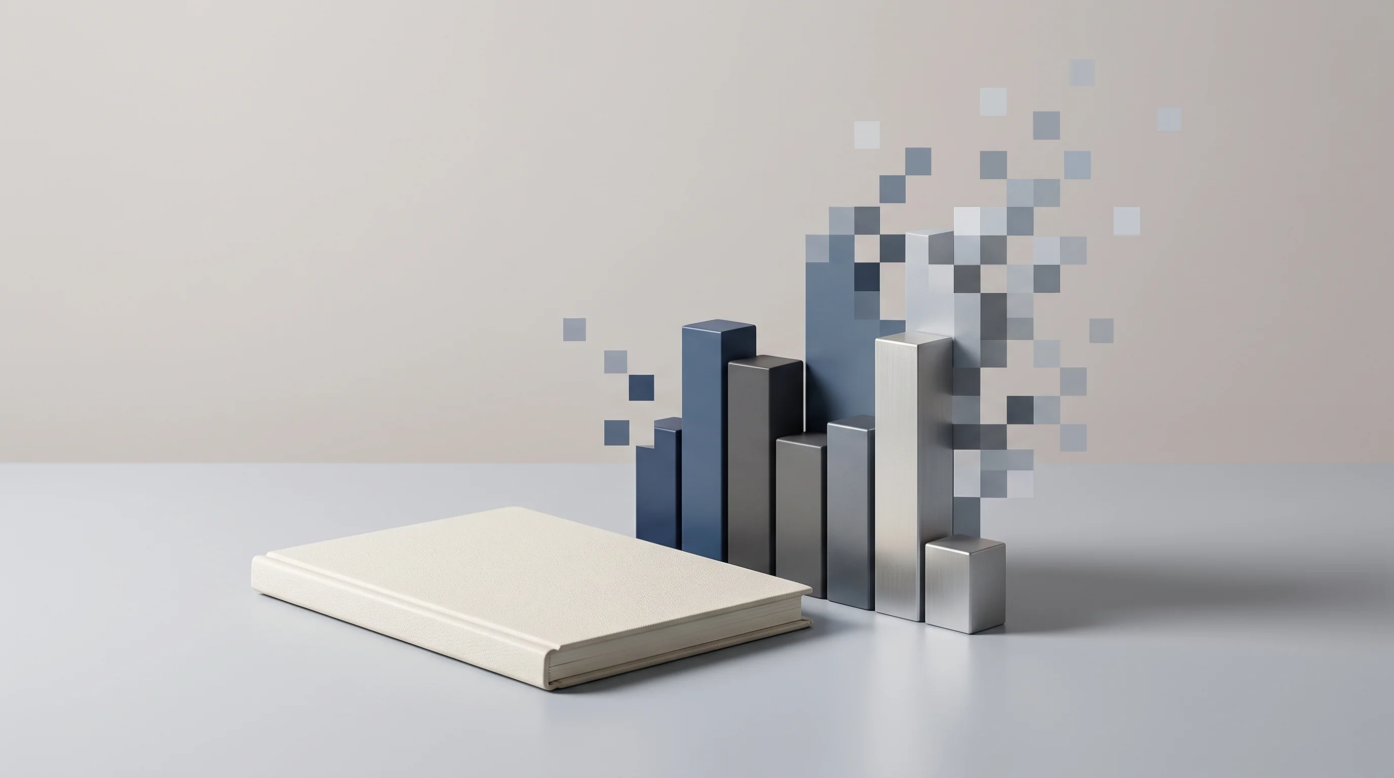 Digital illustration for article section "The Broader Play" in "Fazeshift Raises $17M Series A to Automate Enterprise AR with AI" - A pristine, minimalist workspace featuring a single, elegant financial ledger and a modern, abstract...