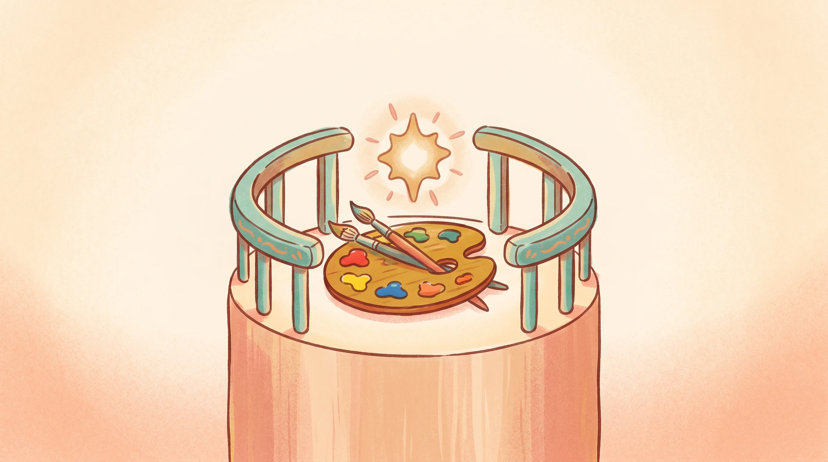 Digital illustration for article section "Content Section 5" in "Astrocade's AI Game Builder Snags $56M from Sequoia, Sea" - A cozy indie illustration of a vibrant artist's paint palette and a glowing creative spark safely re...