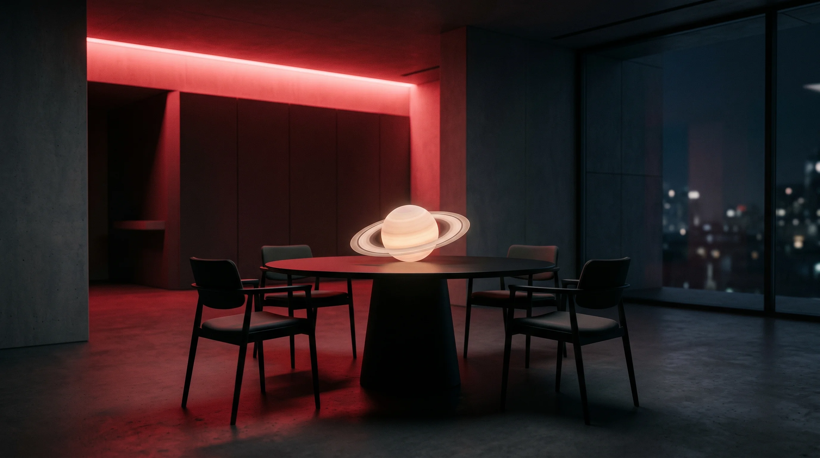 Digital illustration for article section "Small Team, Big Ambitions" in "Saturn Hits $100M TVL Post-Launch After $800K YZi Labs Raise" - A sleek, minimalist modern workspace featuring a small, circular matte-black meeting table surrounde...