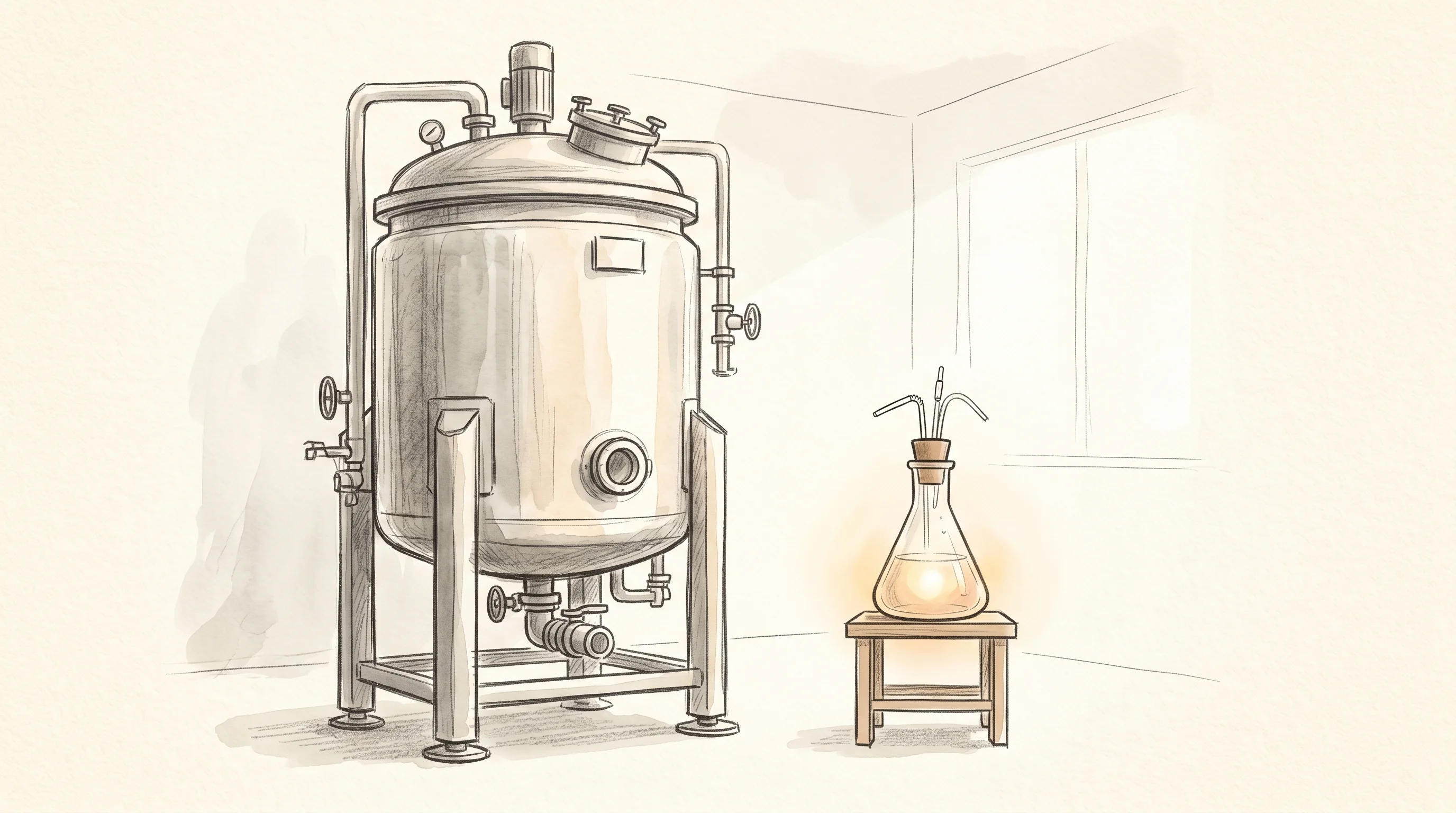 Digital illustration for article section "The Scale-Up Gauntlet" in "Fermeate Raises $2M to Cut Precision Fermentation Costs With Light" - A clean, minimal composition featuring a large, modern stainless-steel bioreactor standing prominent...