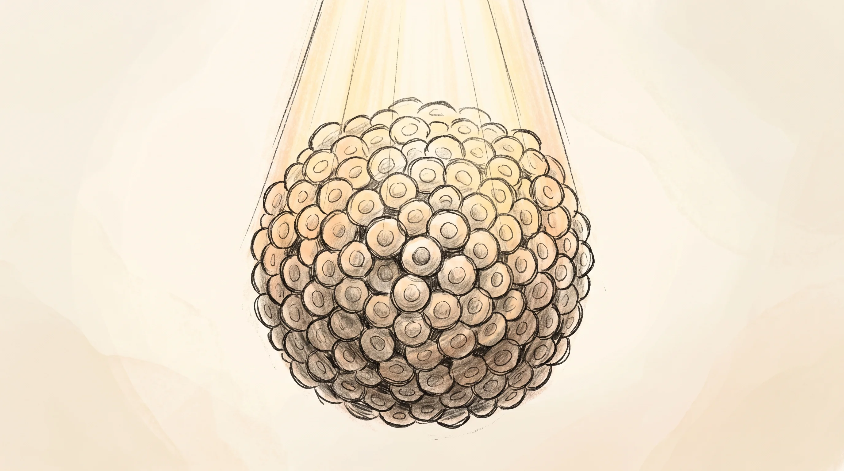 Digital illustration for article section "Open Questions" in "Fermeate Raises $2M to Cut Precision Fermentation Costs With Light" - A conceptual, minimal illustration focusing on a tight, dense cluster of simple circular cell struct...