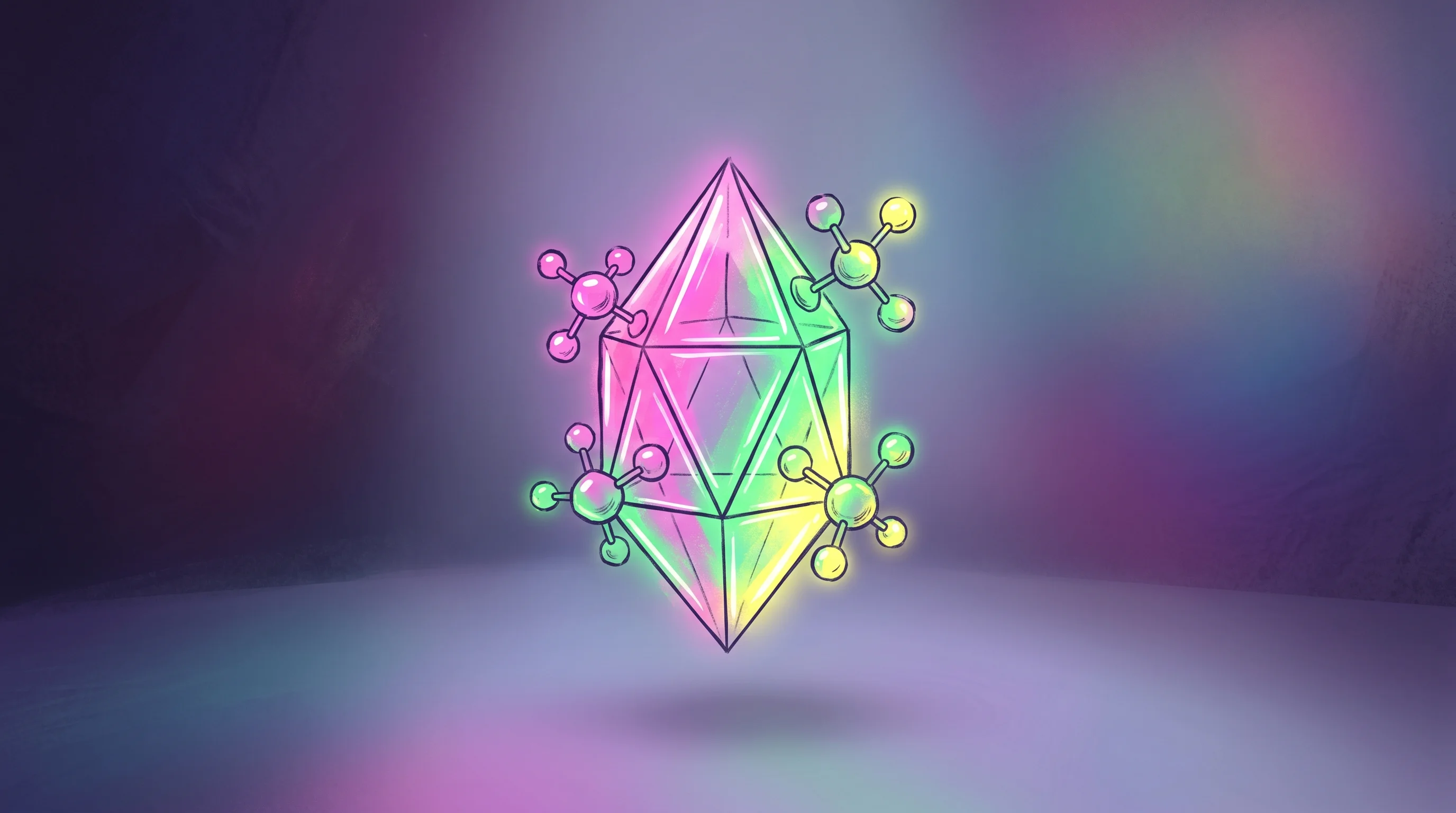 Digital illustration for article section "The Applications (Such As They Are)" in "Dispatch Space Builds Low-Cost Reentry Vehicles for Orbital Factories" - A pristine, glowing pharmaceutical crystal floating weightlessly in a clean, abstract microgravity e...