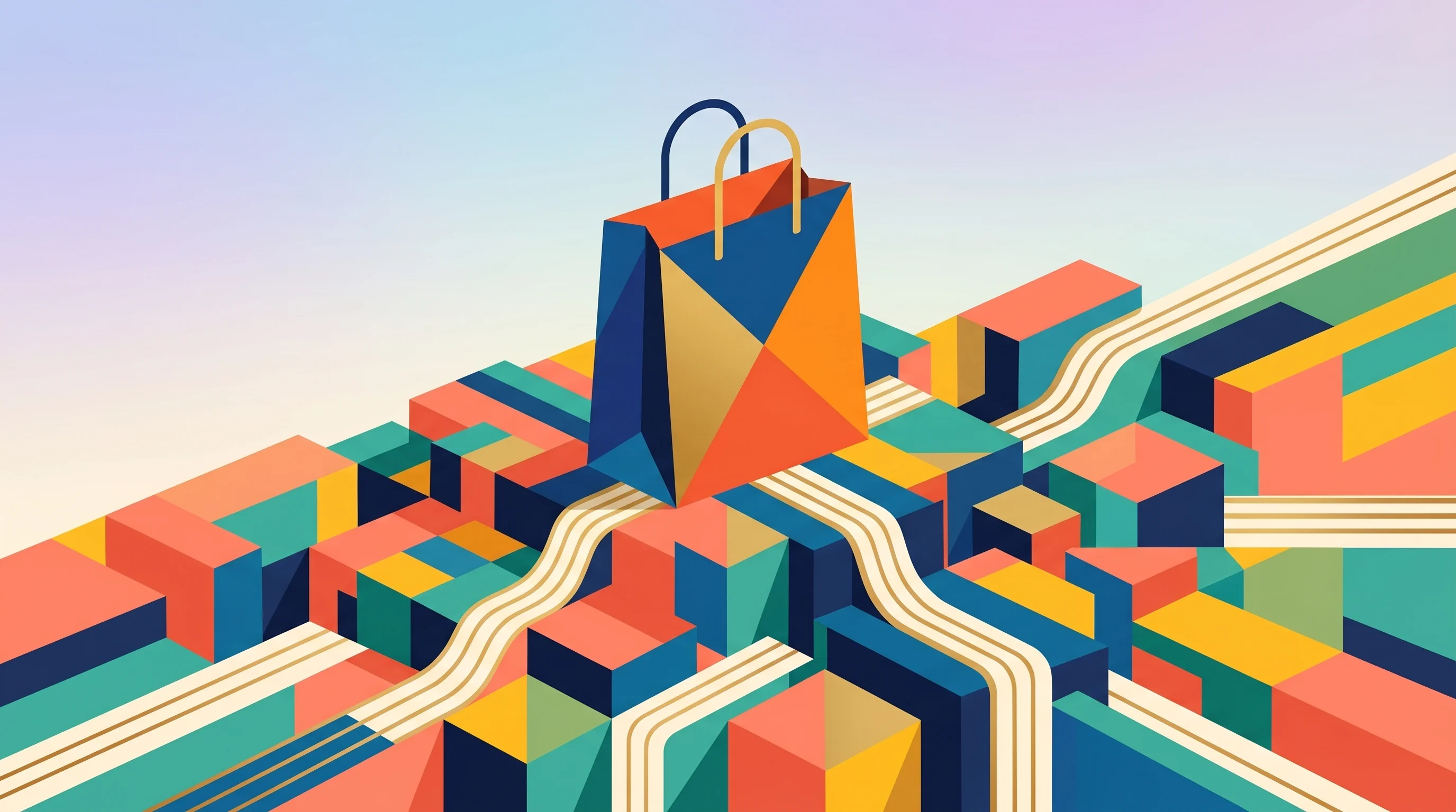 Digital illustration for article section "The Agentic Commerce Land Grab" in "Light Anchor's AI Agents Autonomously Run Four E-commerce Brands" - A minimalist, conceptual visualization of an AI commerce "land grab," featuring a single, stylized g...
