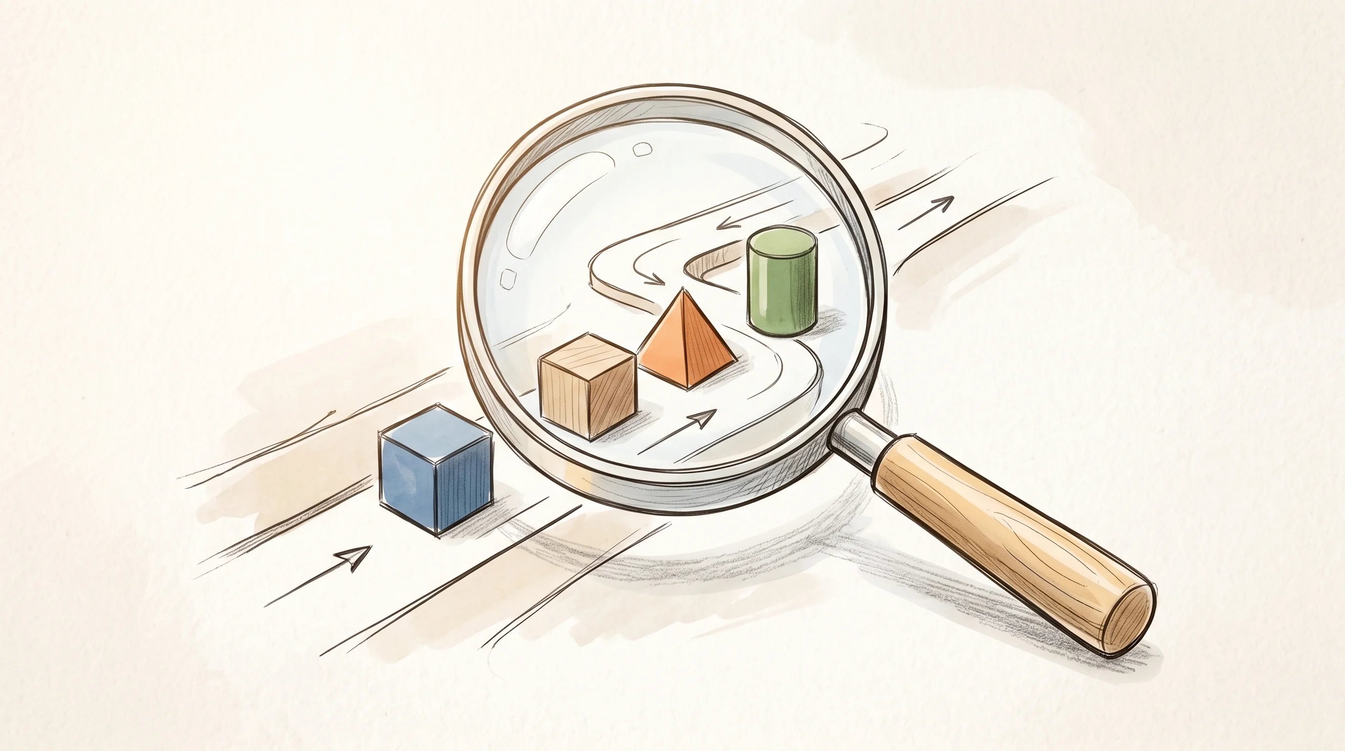 Digital illustration for article section "The Durable Insight" in "YC-Backed Scope Launches Platform to Optimize Products for AI Agents" - A conceptual illustration of a large, clear magnifying glass hovering over a simple, abstract sortin...