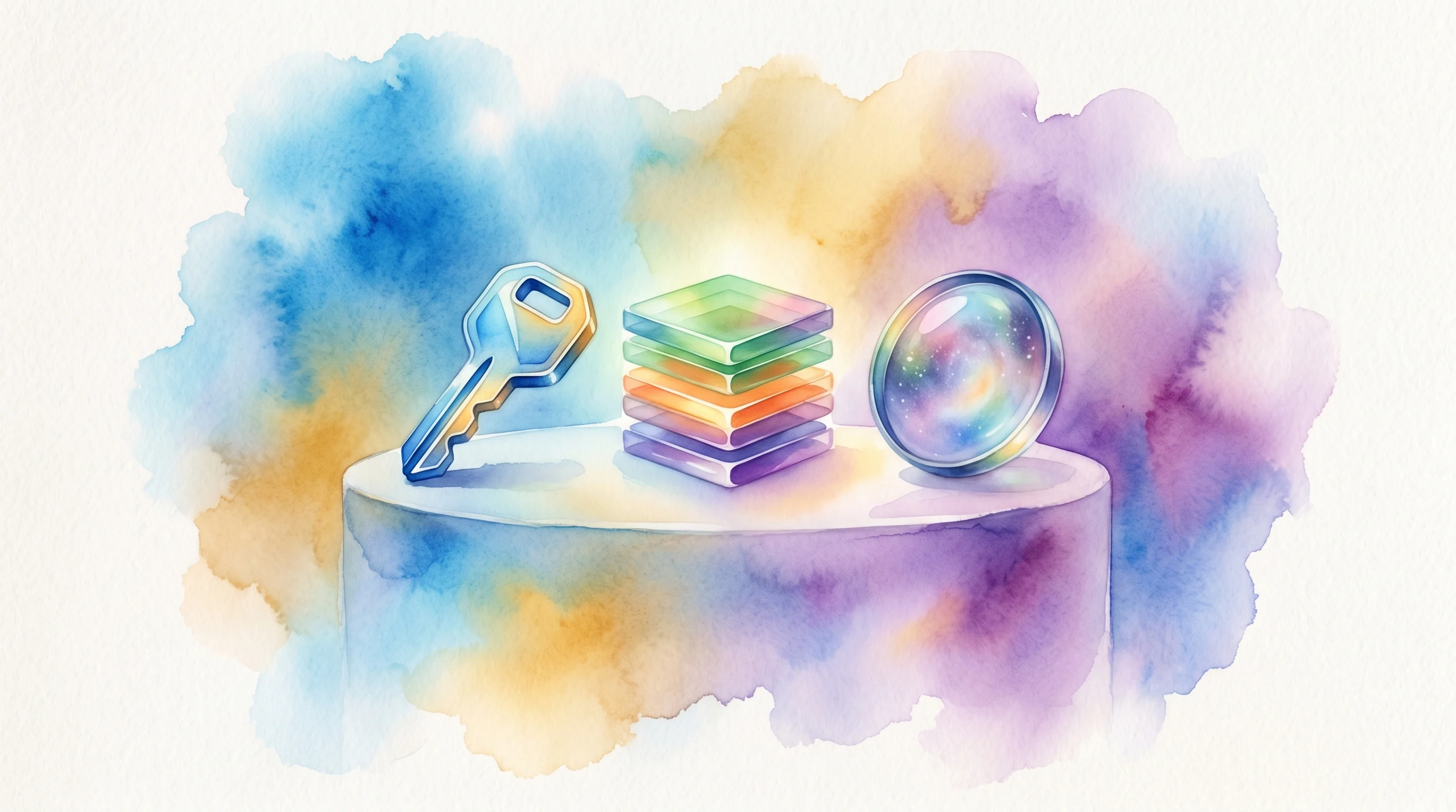 Digital illustration for article section "Three Products, One Big Bet" in "Miami AI Startup Raises $29M Seed for 12M-Token Codebase Model" - A clean, minimalist conceptual composition featuring three distinct, modern objects resting harmonio...