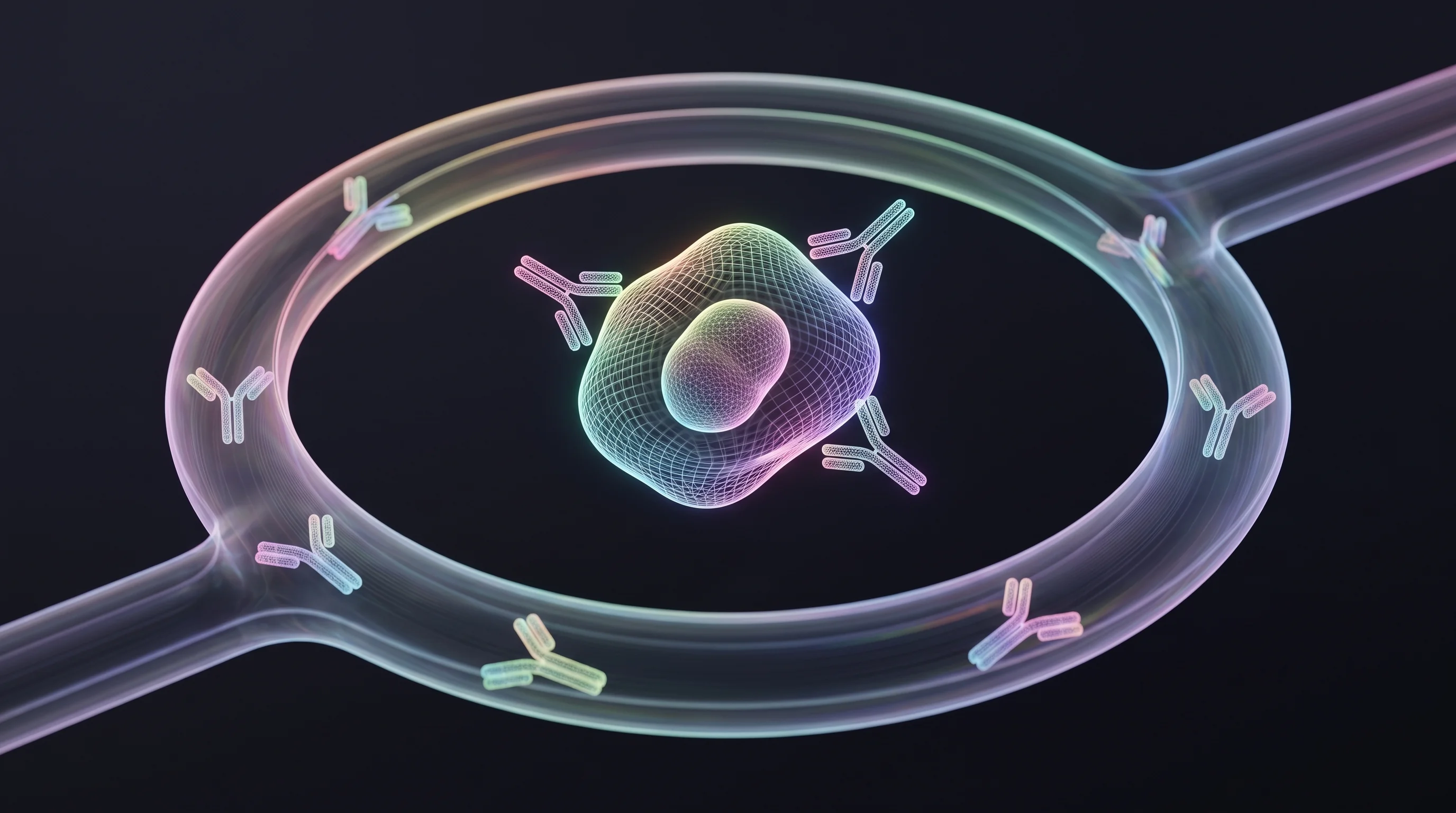 Digital illustration for article section "Function First, Questions Later" in "Aureka Bio Raises $35M Series A+ for AI Drug Discovery Platform" - A clean, minimalist, and conceptual visualization of an advanced microfluidic testing loop, featurin...