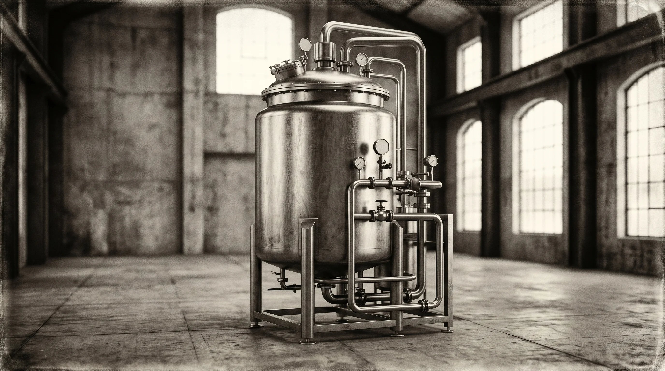 Digital illustration for article section "The Broader Shift Toward Process Intensification" in "Fermeate Raises $2M to Light Up Precision Fermentation Economics" - A single, towering 3,000-liter precision fermentation bioreactor stands as the central focal point i...