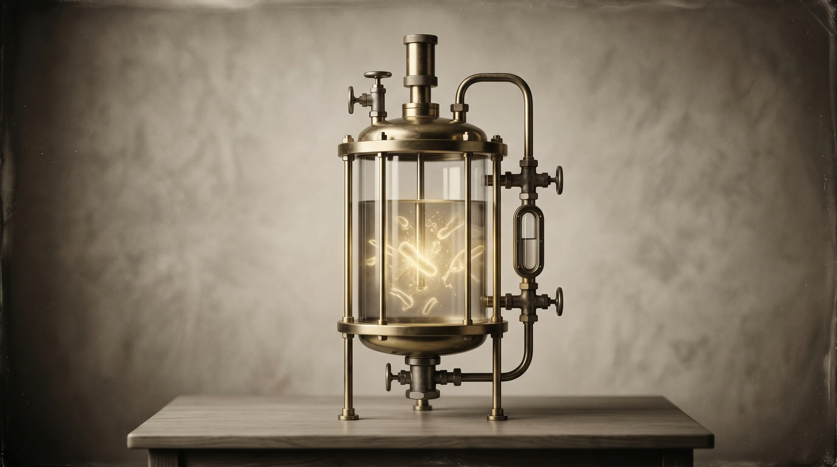Digital illustration for article section "The $100 Billion Question" in "Fermeate Raises $2M to Light Up Precision Fermentation Economics" - A conceptual and highly professional visualization of the biomanufacturing industry's "$100 Billion ...