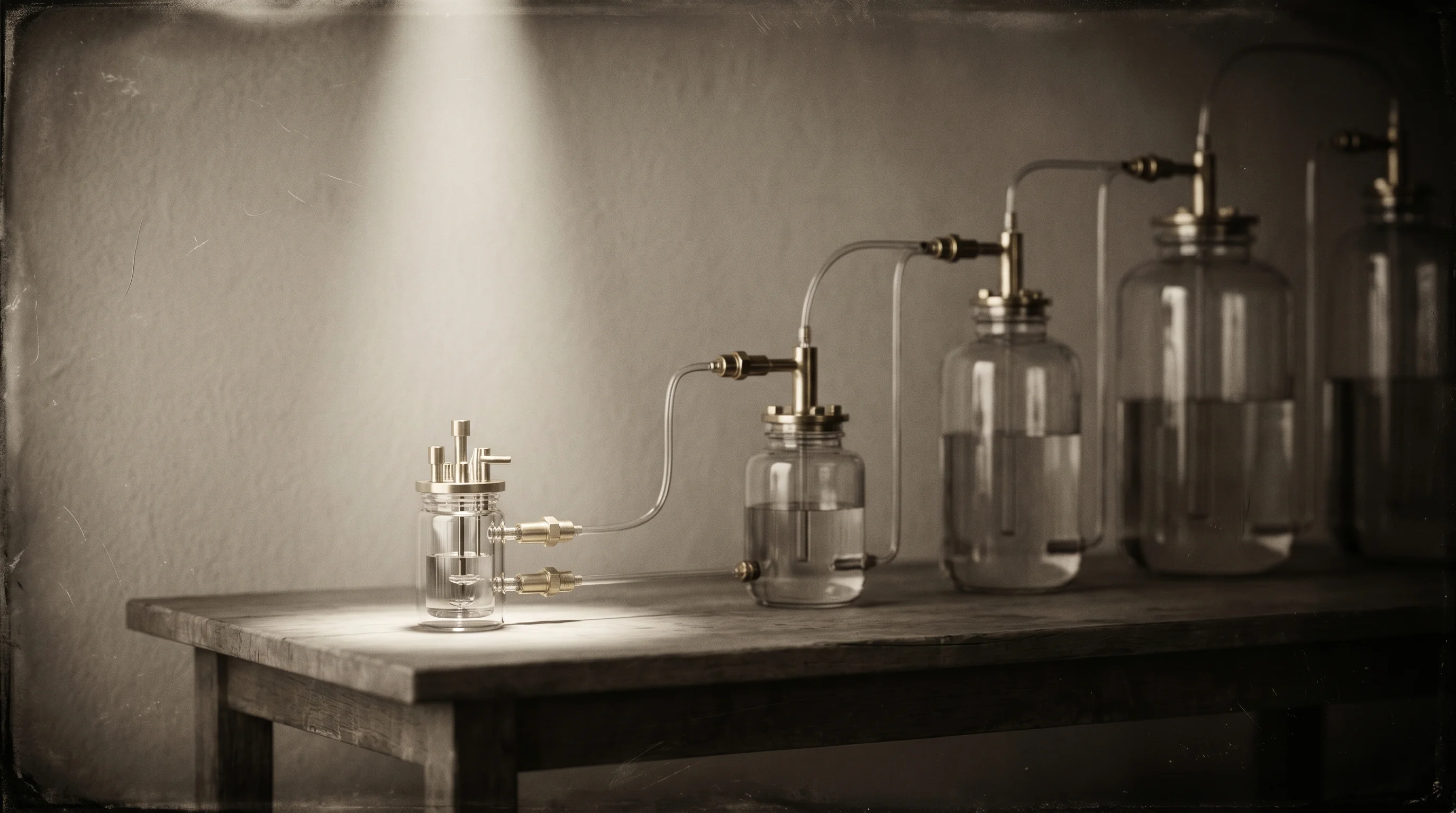 Digital illustration for article section "Proving It Out" in "Fermeate Raises $2M to Light Up Precision Fermentation Economics" - A conceptual, minimalist still-life composition of a modular glass bioreactor illuminated by a preci...