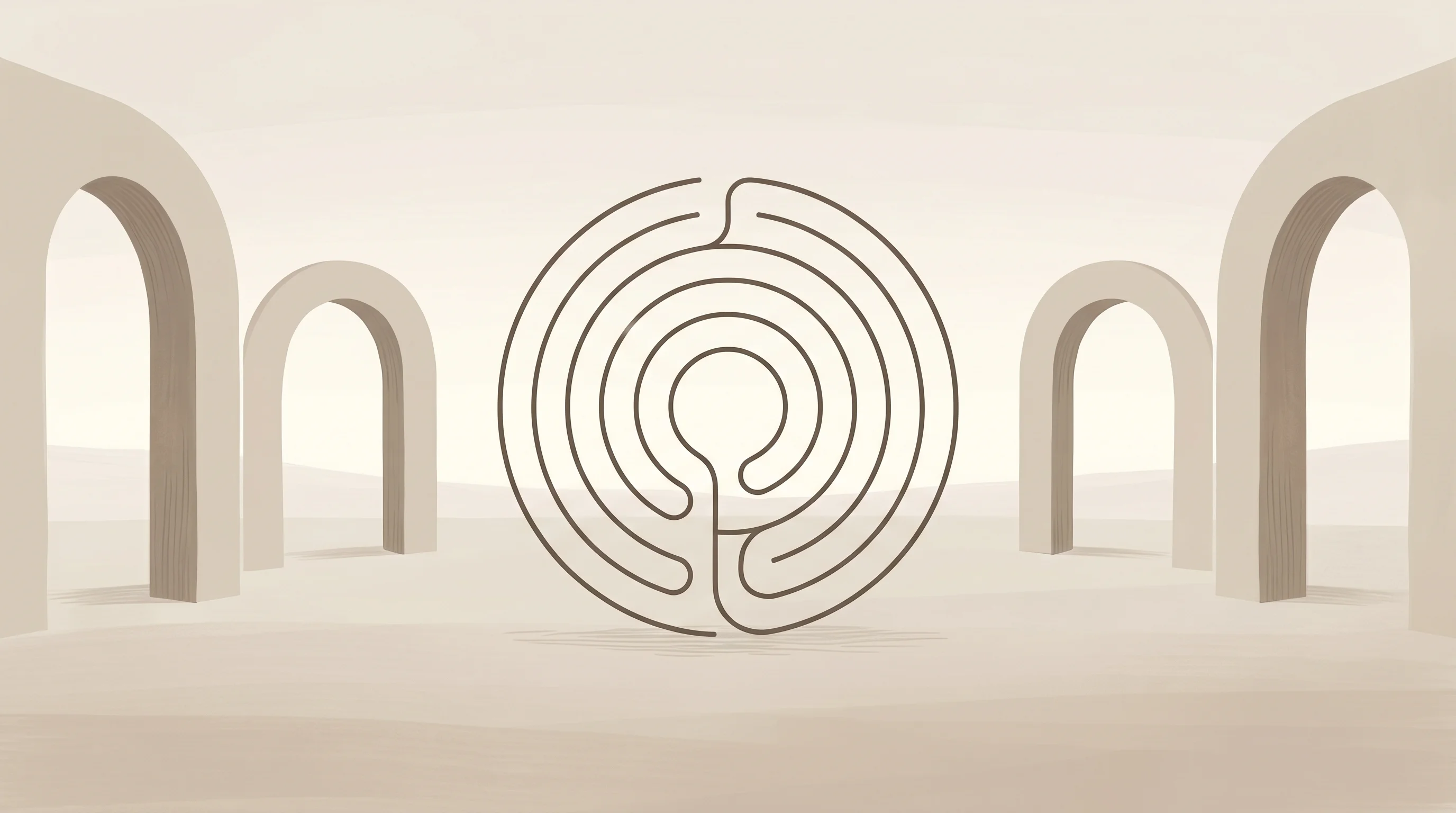 Digital illustration for article section "Trials Underway, Ambitions Outsize" in "MSICS Pharma Raises $3.6M to Scale Natural Psilocybin Production" - A serene, minimalist hand-drawn illustration featuring a central, abstract labyrinth of intertwined ...