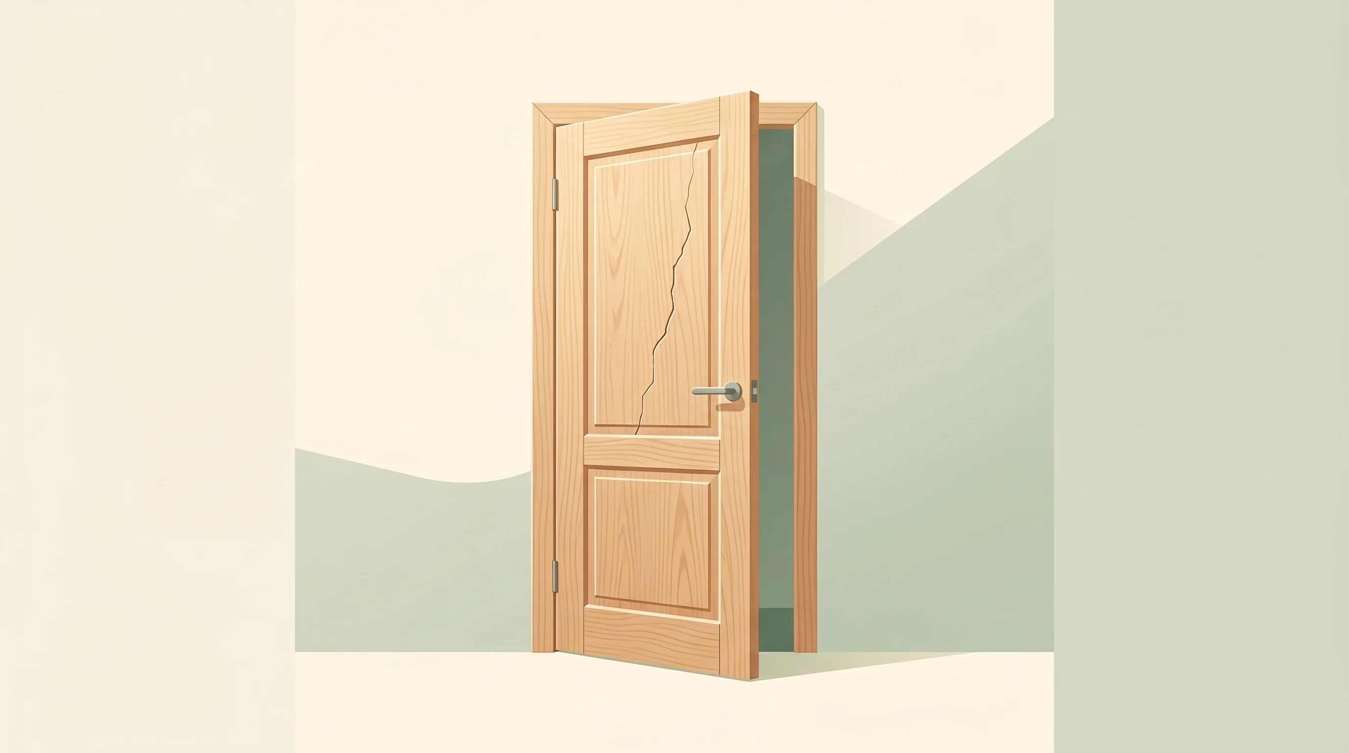 Digital illustration for article section "When Security Researchers Knock" in "The Battle to Build the Internet for AI Agents" - A conceptual, minimalist illustration of a beautifully crafted but fragile light-toned wooden door s...