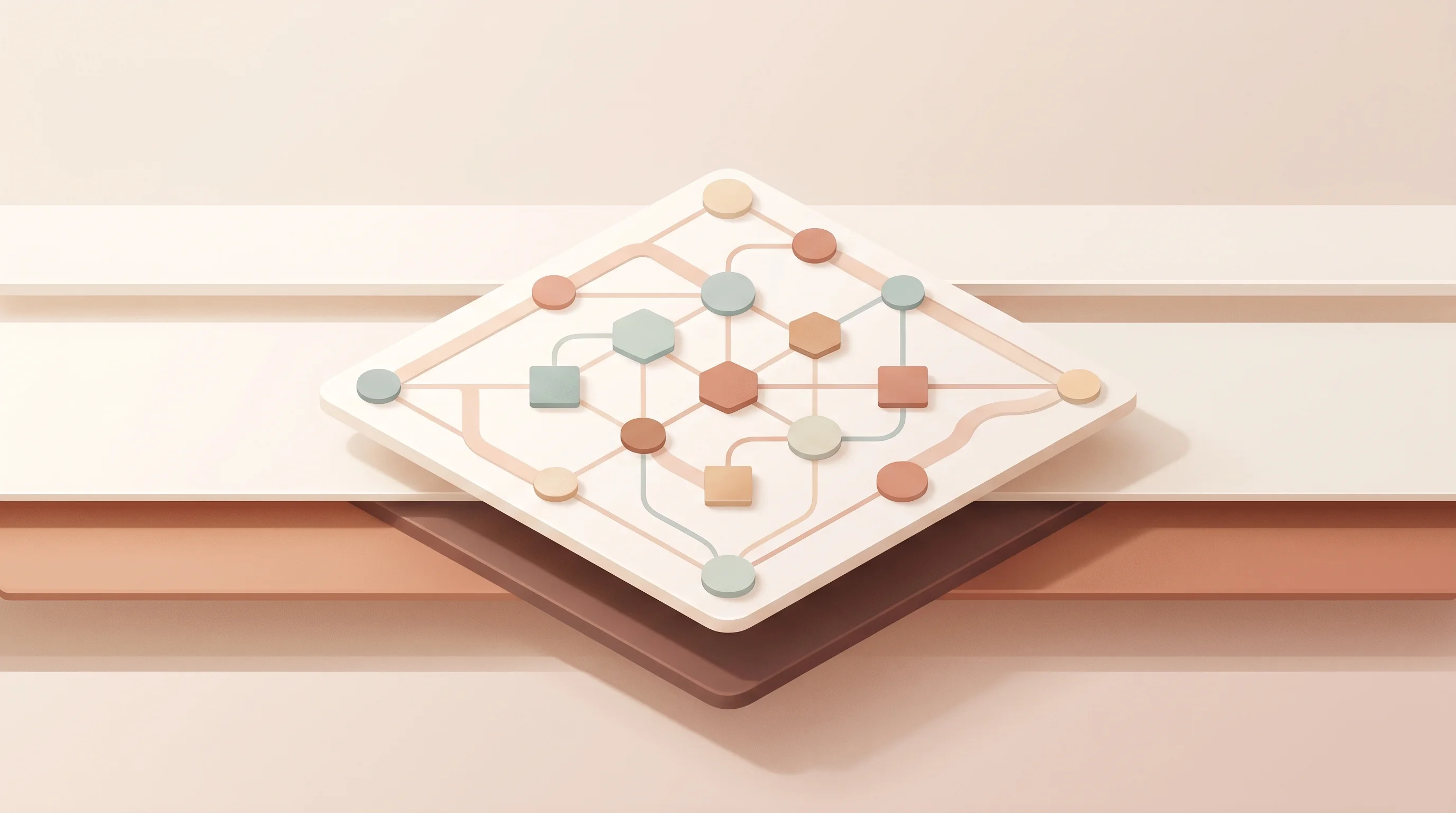 Digital illustration for article section "The Layers Beneath" in "The Battle to Build the Internet for AI Agents" - A minimalist, conceptual illustration visually representing the consolidation of orchestration frame...