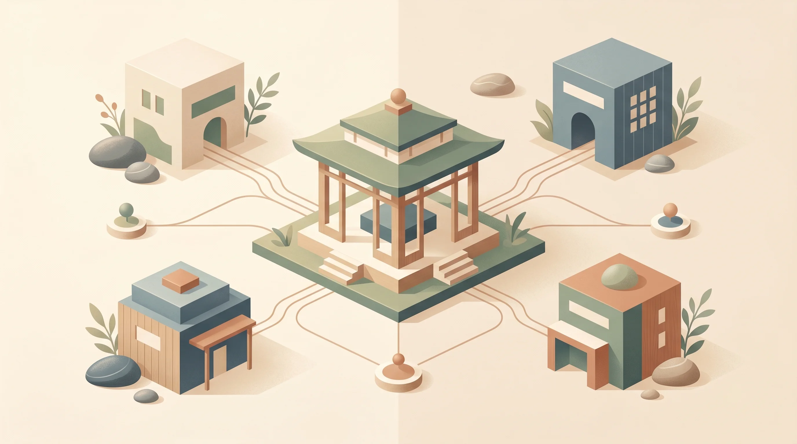 Digital illustration for article section "What the Enterprise Buyers Are Doing" in "The Battle to Build the Internet for AI Agents" - A conceptual, minimalist illustration representing an enterprise integration hub and marketplace for...