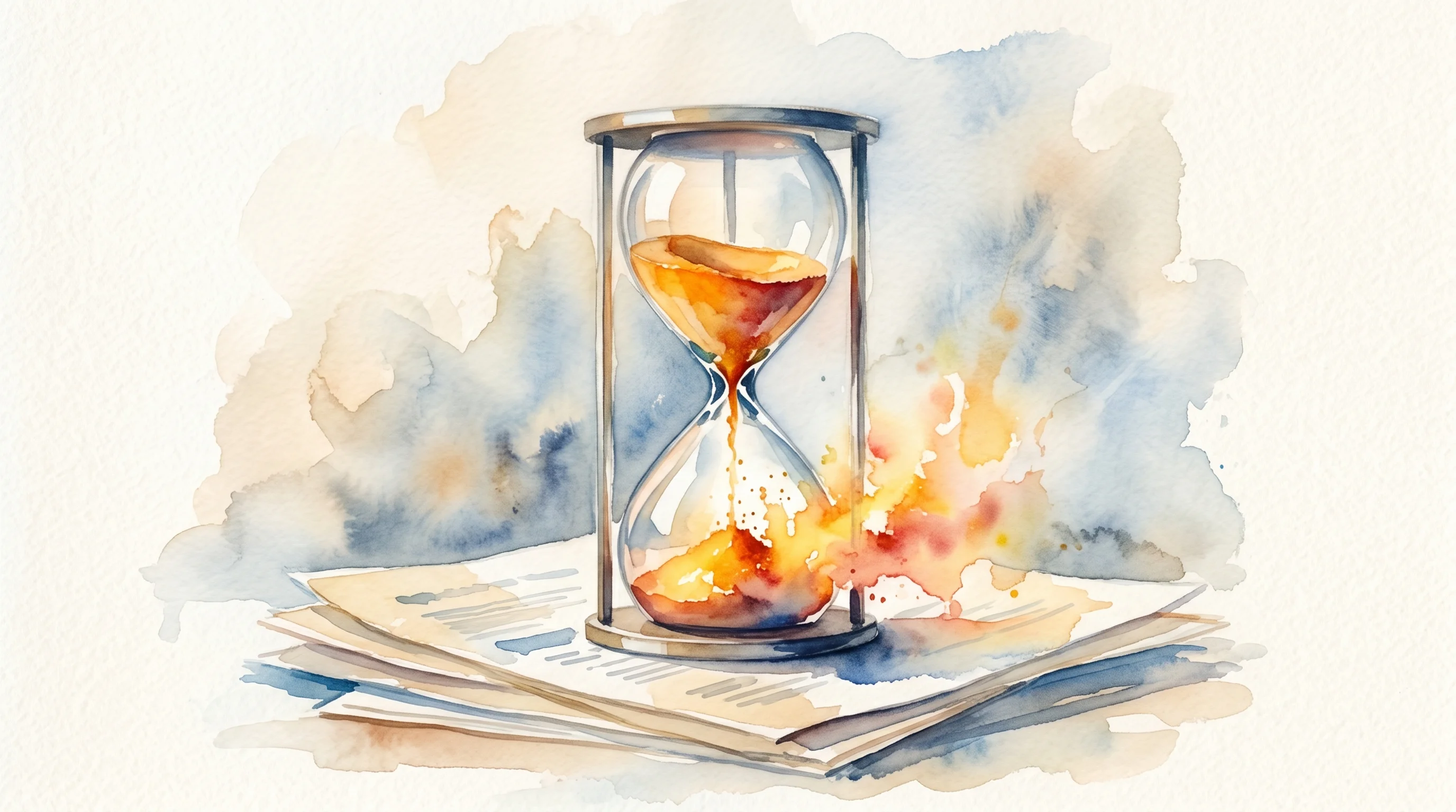 Digital illustration for article section "Racing Against the Clock" in "Checkstep Raises £3M for AI Content Moderation Amid Safety Rules" - A sleek, modern hourglass resting on a softly suggested stack of regulatory documents, symbolizing a...