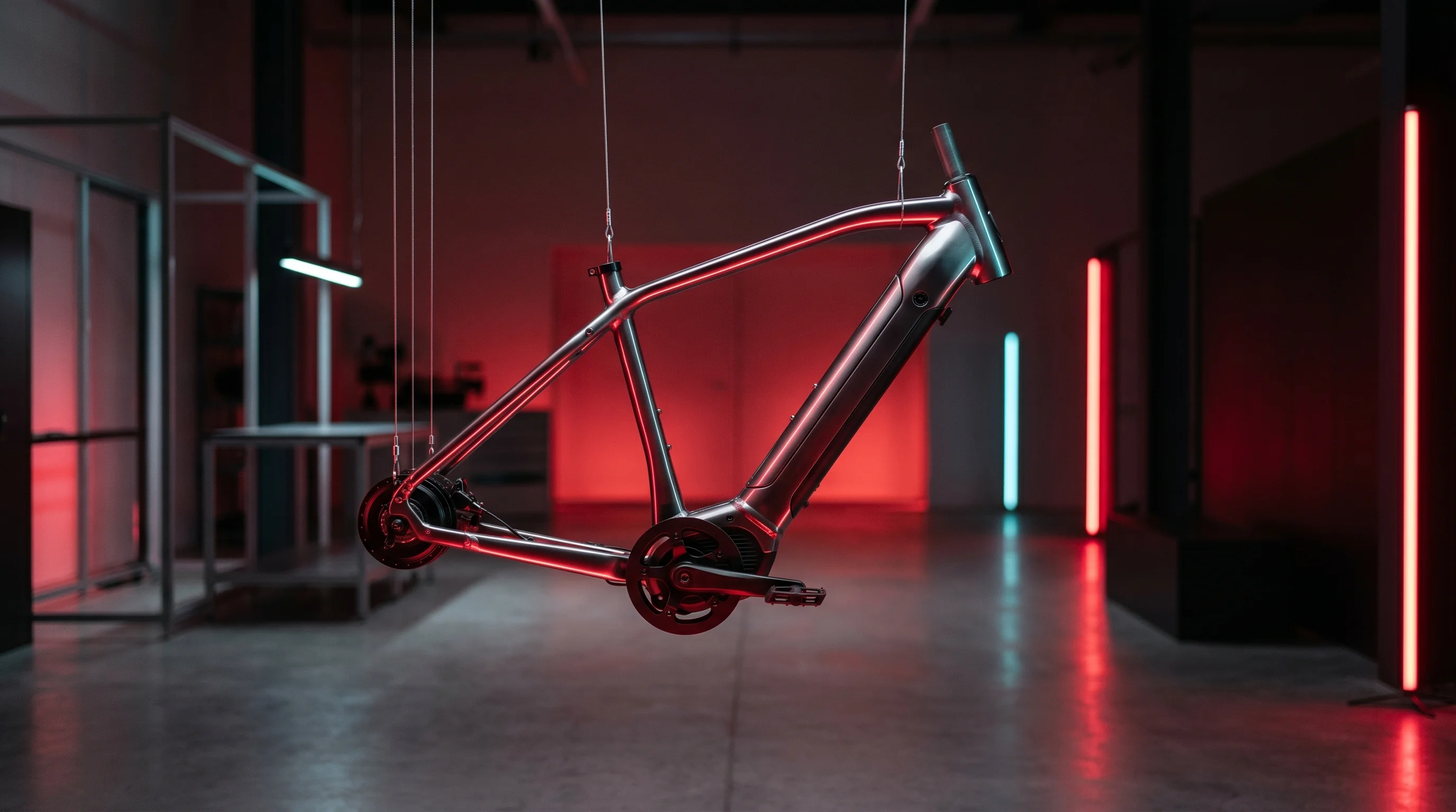 Digital illustration for article section "Content Section 2" in "Dodai Raises $13M Series A to Scale EV Infrastructure in Ethiopia" - A sleek, modern electric bicycle frame suspended in mid-assembly within a clean, minimalist workspac...